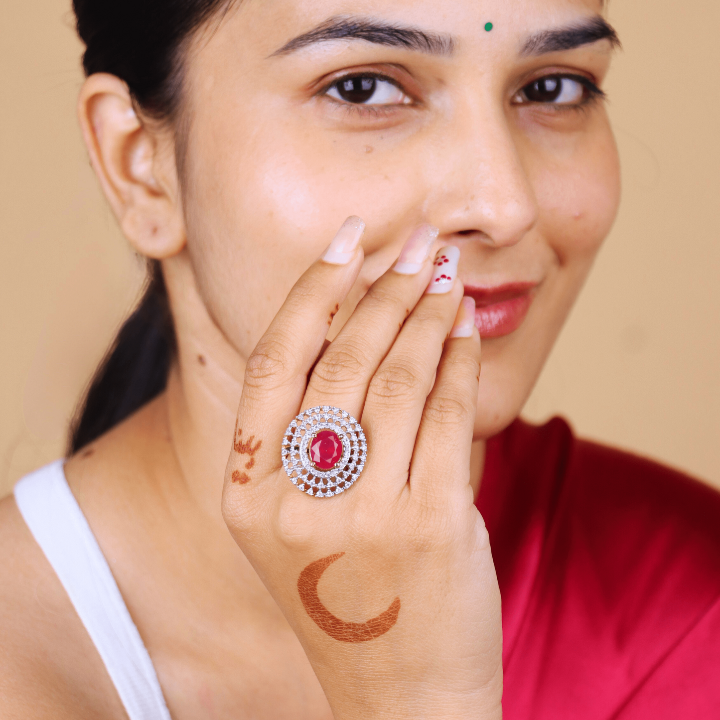 MIDAM™ Gold Toned American Diamond Studded Red Zirconia Finger Ring