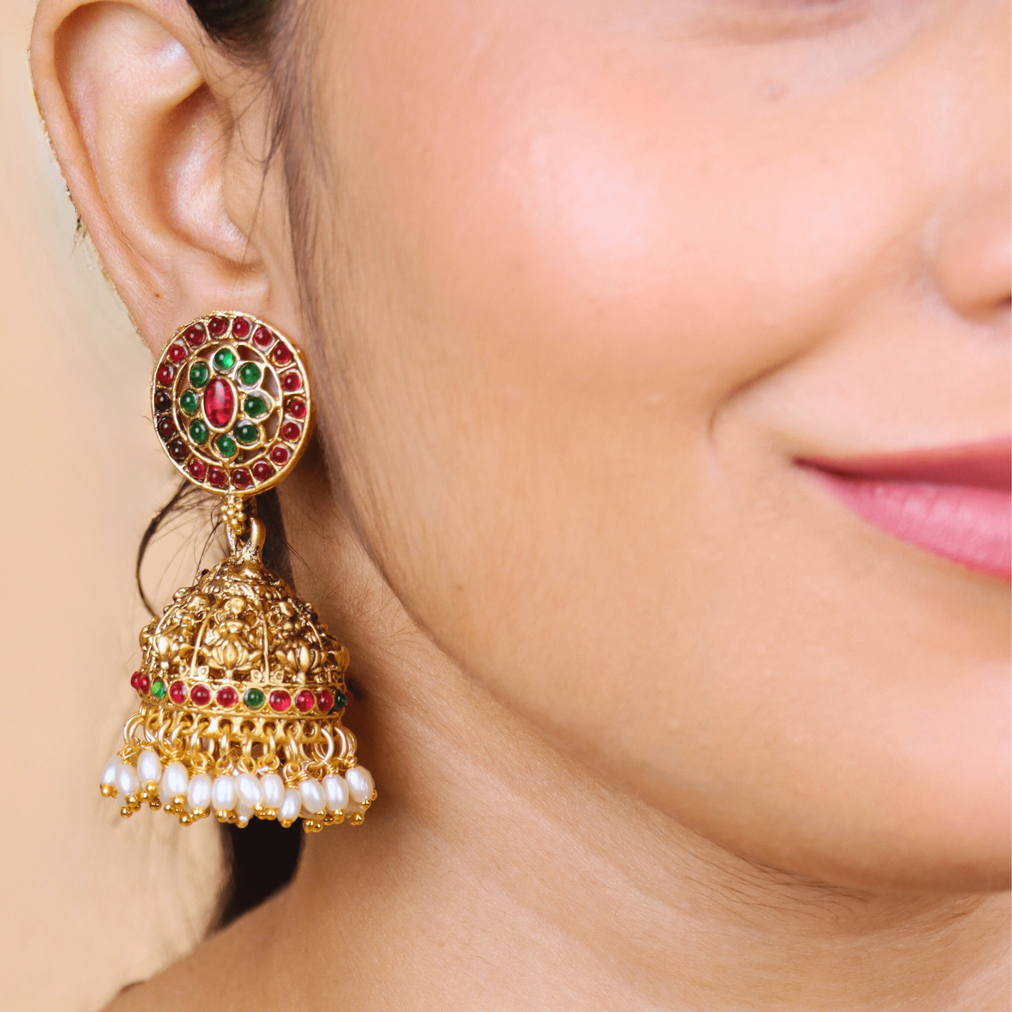 MIDAM™ Pink & Green Beaded Gold Plated Antique Jhumkas