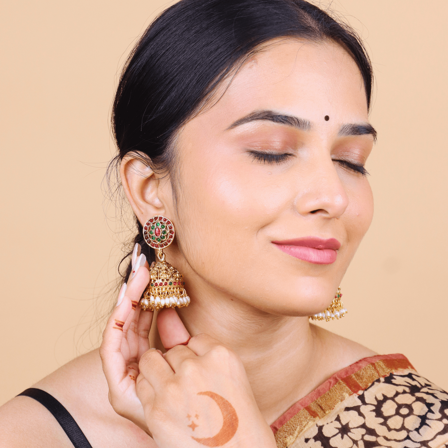 MIDAM™ Pink & Green Beaded Gold Plated Antique Jhumkas