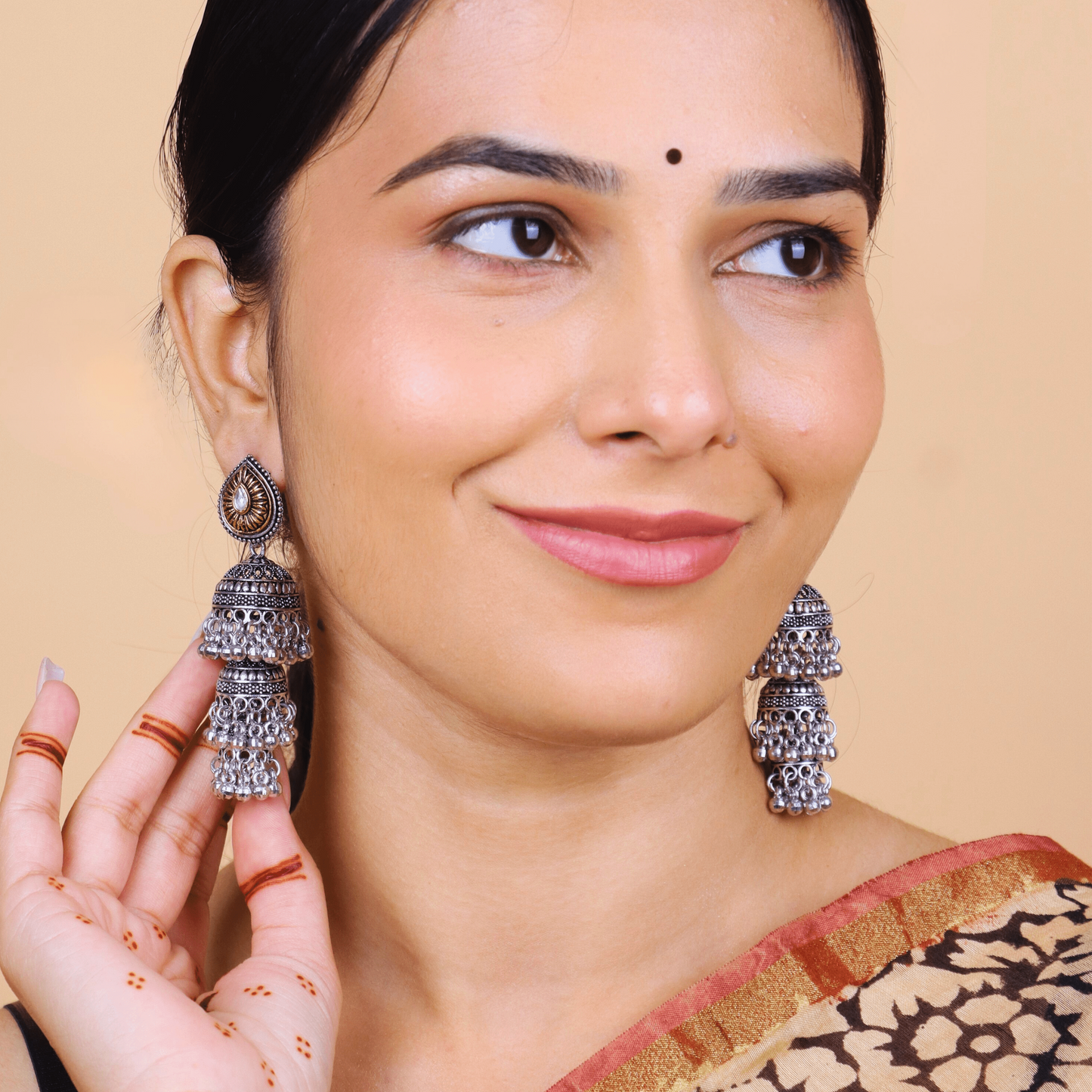 MIDAM™ Silver and Gold Plated 3 Layered Jhumka Earrings