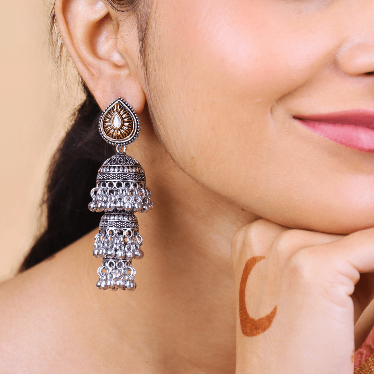 MIDAM™ Silver and Gold Plated 3 Layered Jhumka Earrings