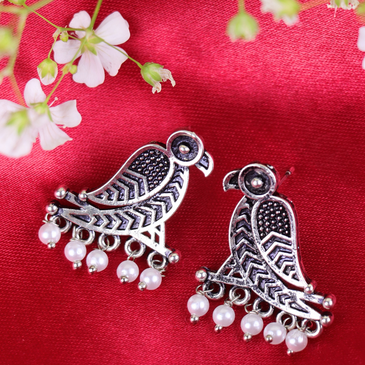 MIDAM™ German Oxidized Silver White Beaded Parrot Studs Earrings