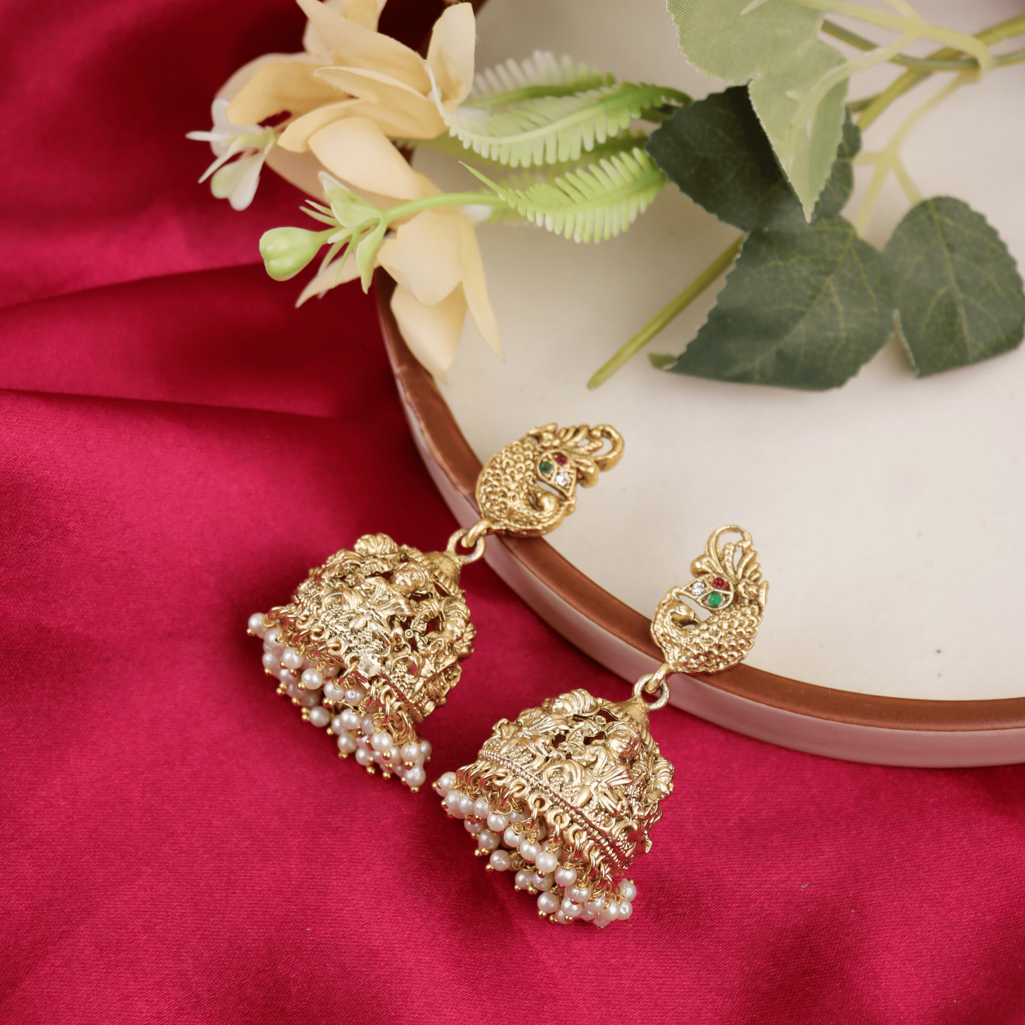 MIDAM™ Gold Plated Peacock Temple Jhumkas