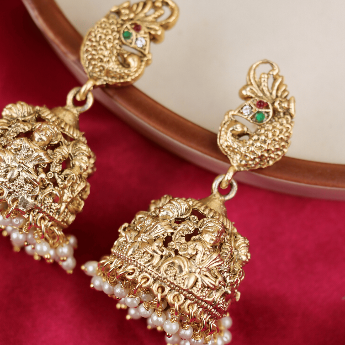 MIDAM™ Gold Plated Peacock Temple Jhumkas