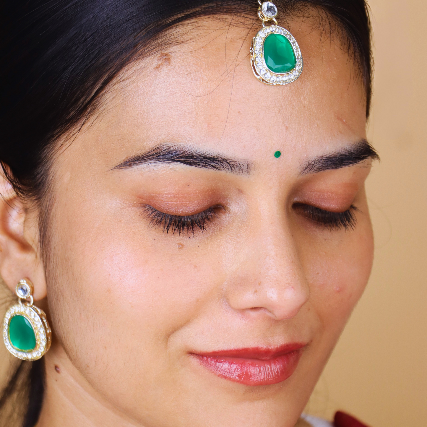 MIDAM™ Gold-Toned American Diamond Studded Green Cubic Zirconia Premium Jewellery Set