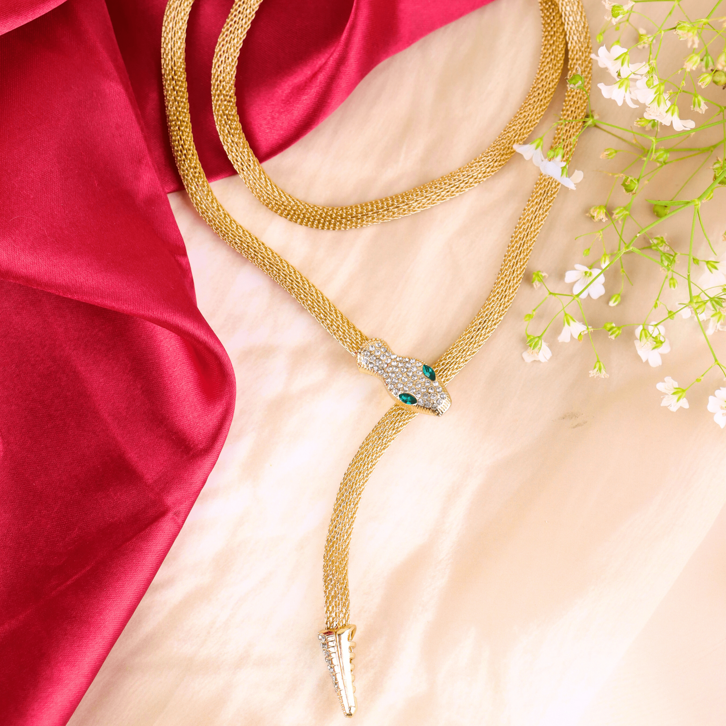 MIDAM™ Gold-Toned American Diamond Studded Wraparound Snake Design Necklace
