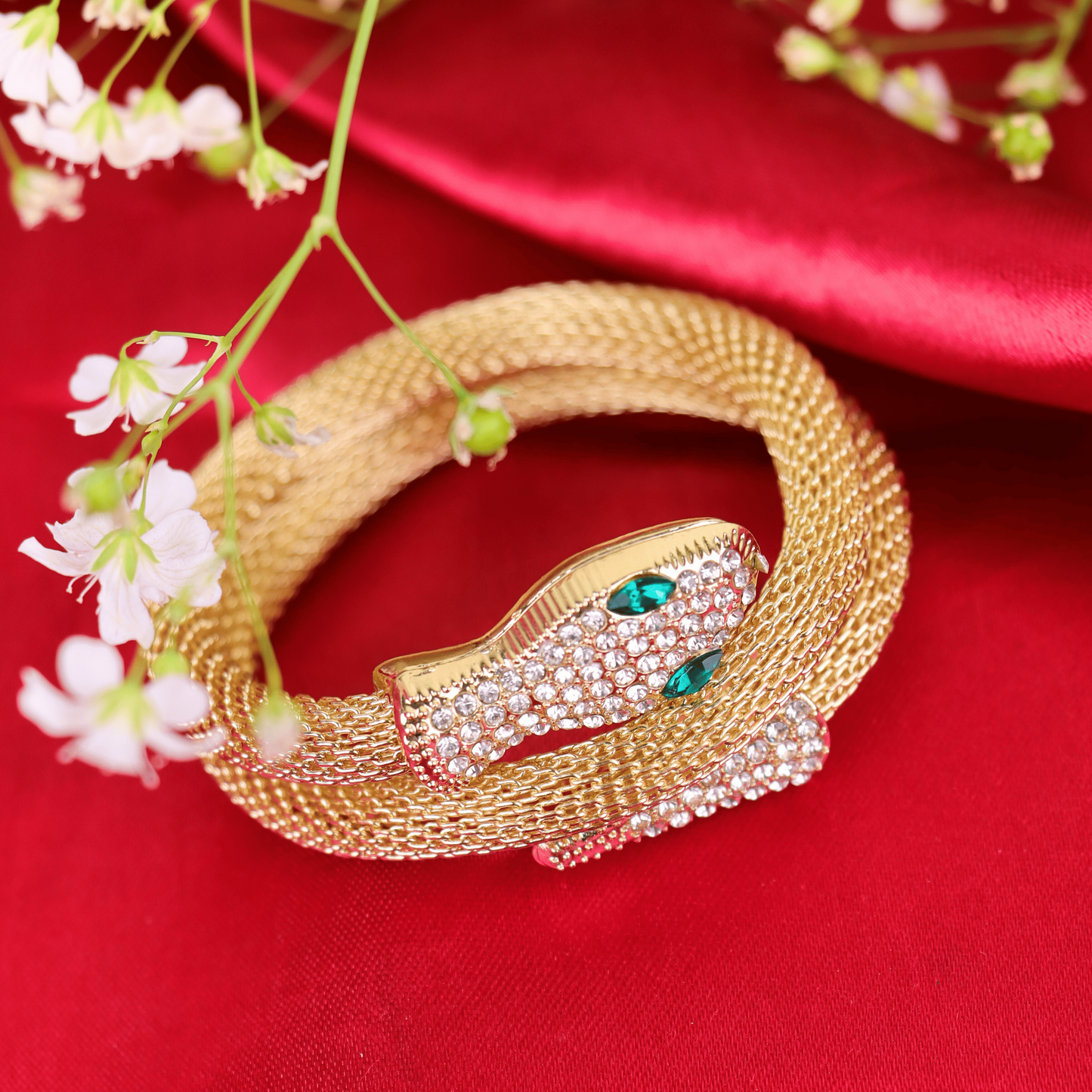 MIDAM™ Gold-Toned American Diamond Studded Wraparound Snake Design Bracelet