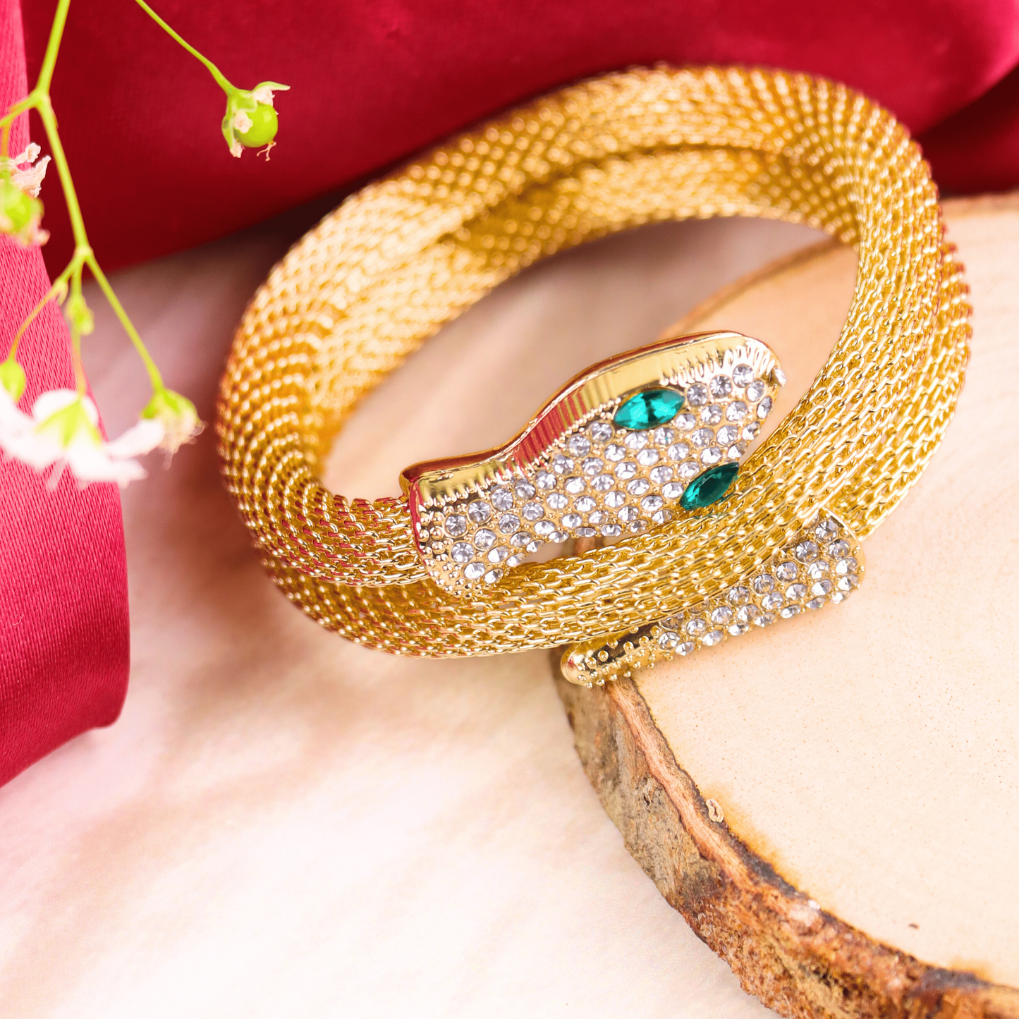 MIDAM™ Gold-Toned American Diamond Studded Wraparound Snake Design Bracelet