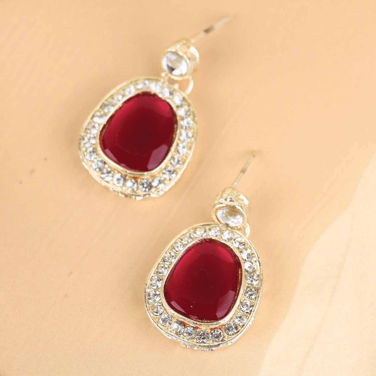 MIDAM™ Gold-Toned American Diamond Studded Red Cubic Zirconia Premium Jewellery Set