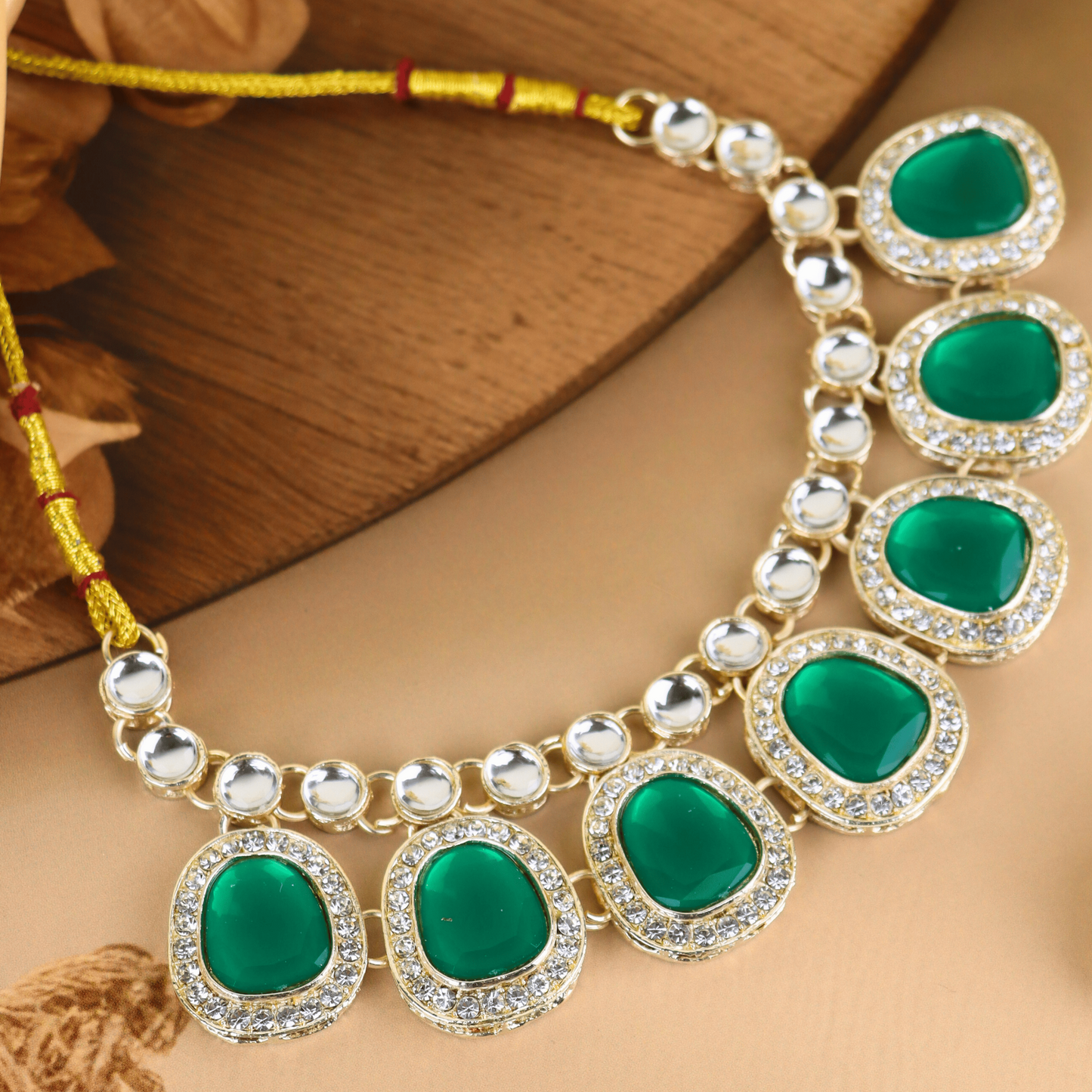 MIDAM™ Gold-Toned American Diamond Studded Green Cubic Zirconia Premium Jewellery Set