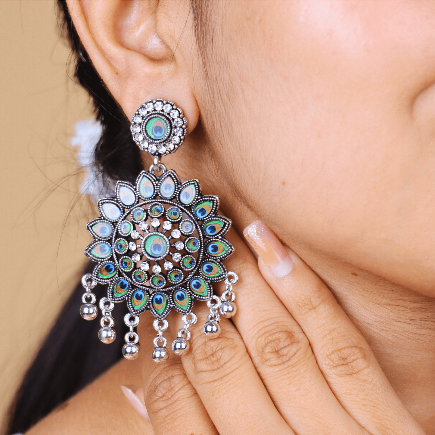 MIDAM™ Silver-Plated Flower-Shaped Peacock Feather Drop Earrings