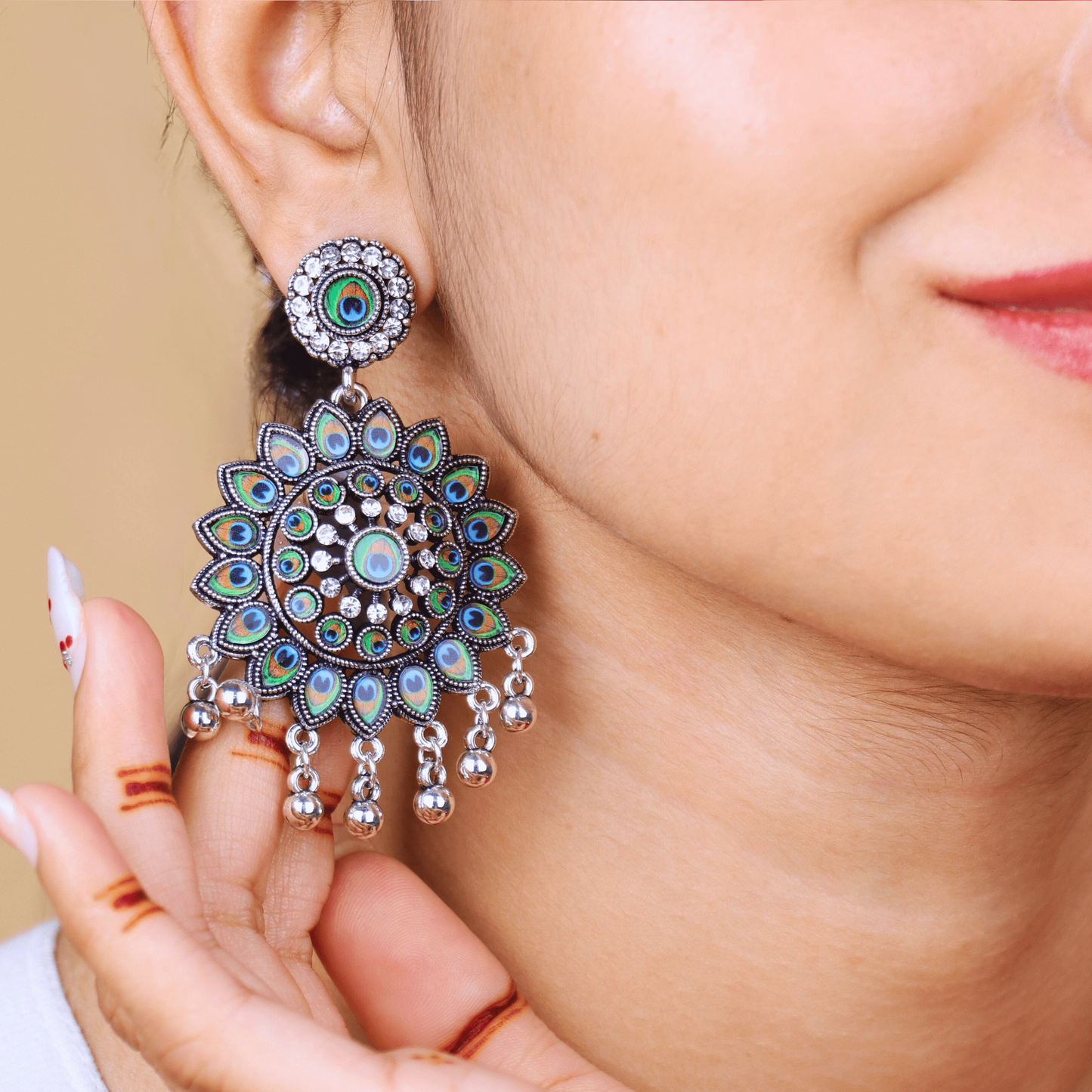 MIDAM™ Silver-Plated Flower-Shaped Peacock Feather Drop Earrings