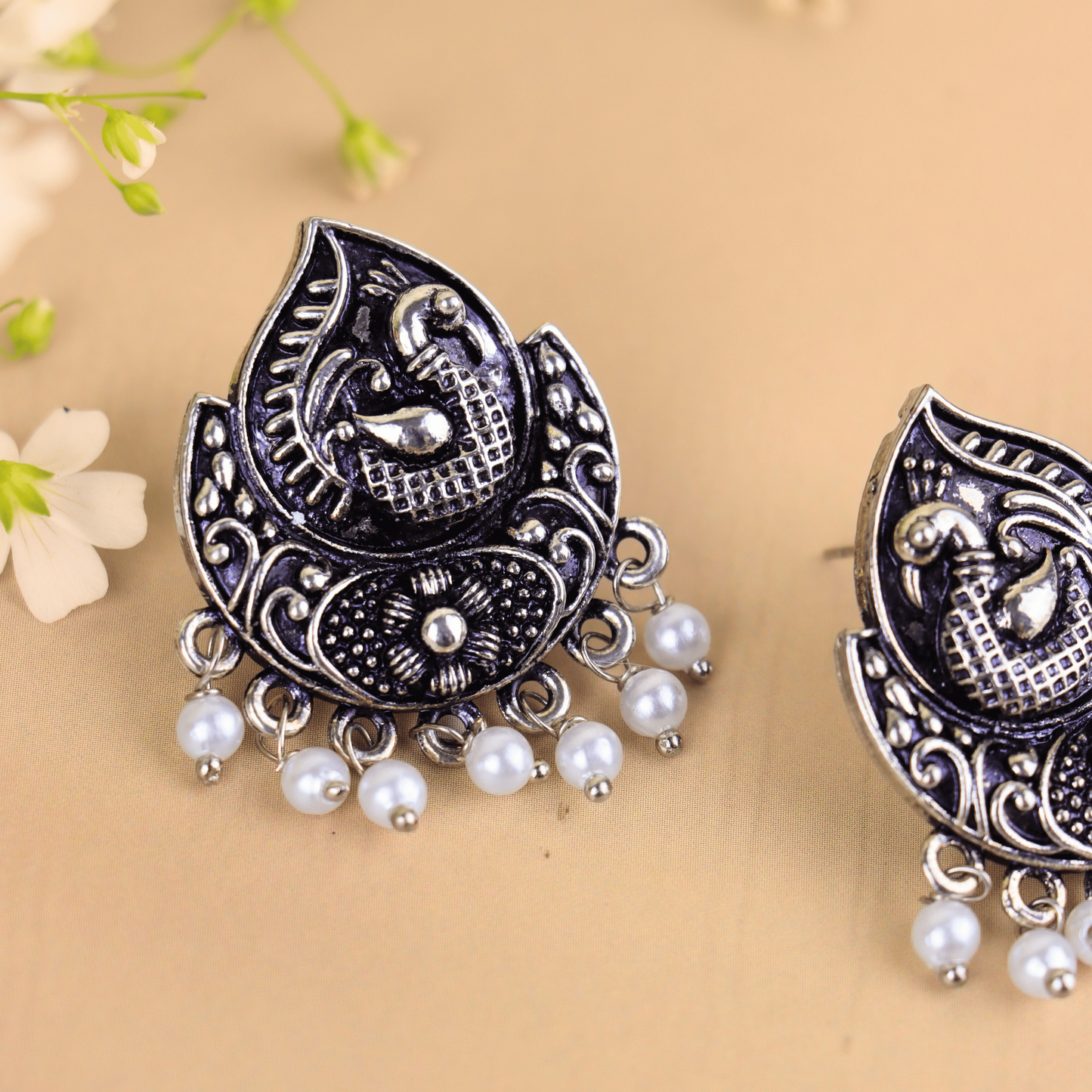 MIDAM™ German Oxidized Silver White Beaded Bird Stud Earrings