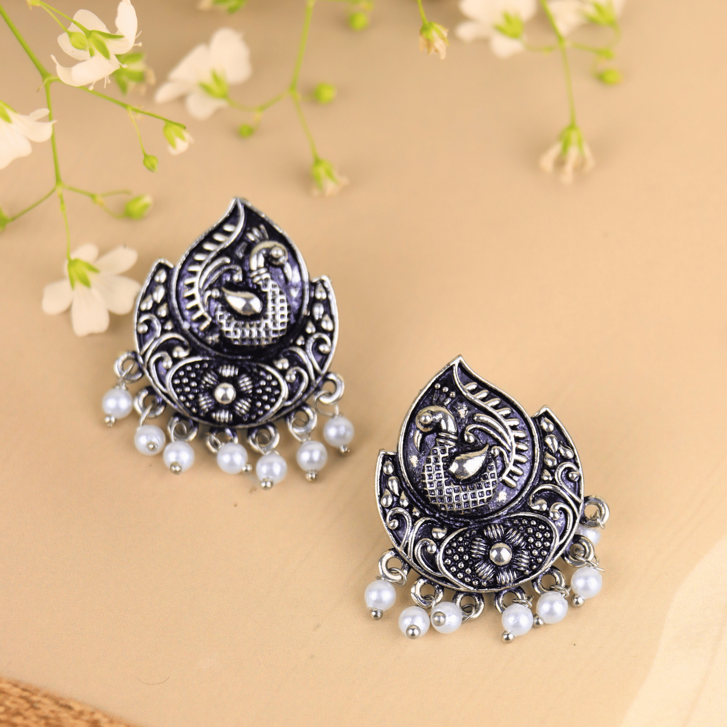 MIDAM™ German Oxidized Silver White Beaded Bird Stud Earrings
