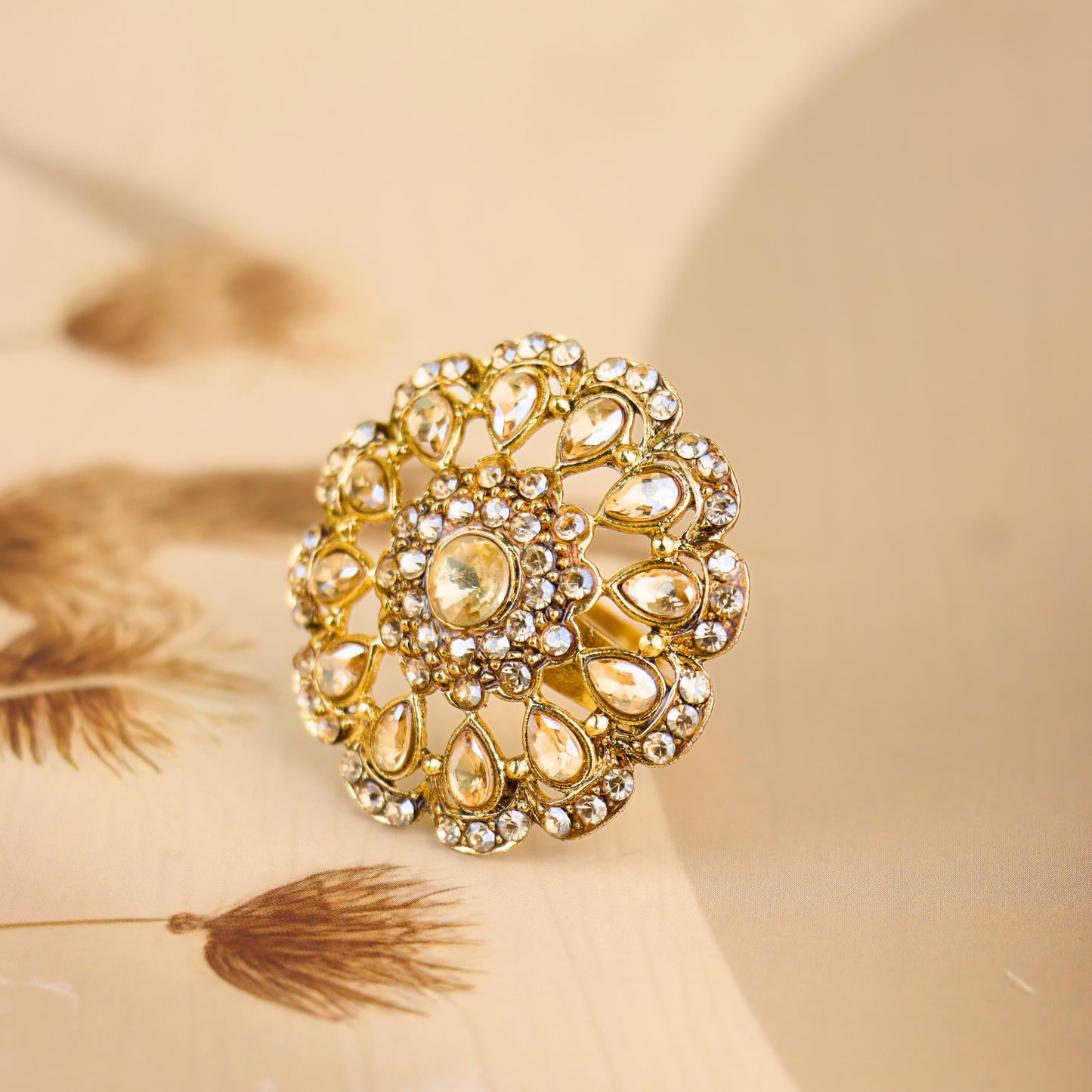 MIDAM™ Gold-Plated Kundan & American Diamond Studded Finger Ring
