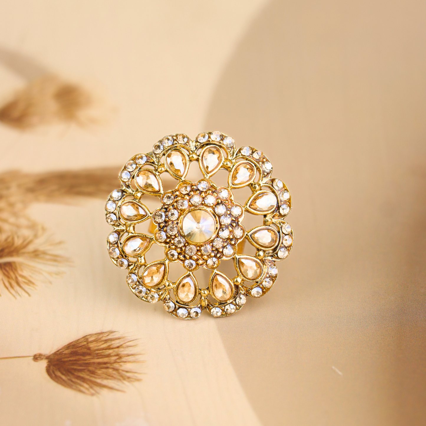 MIDAM™ Gold-Plated Kundan & American Diamond Studded Finger Ring