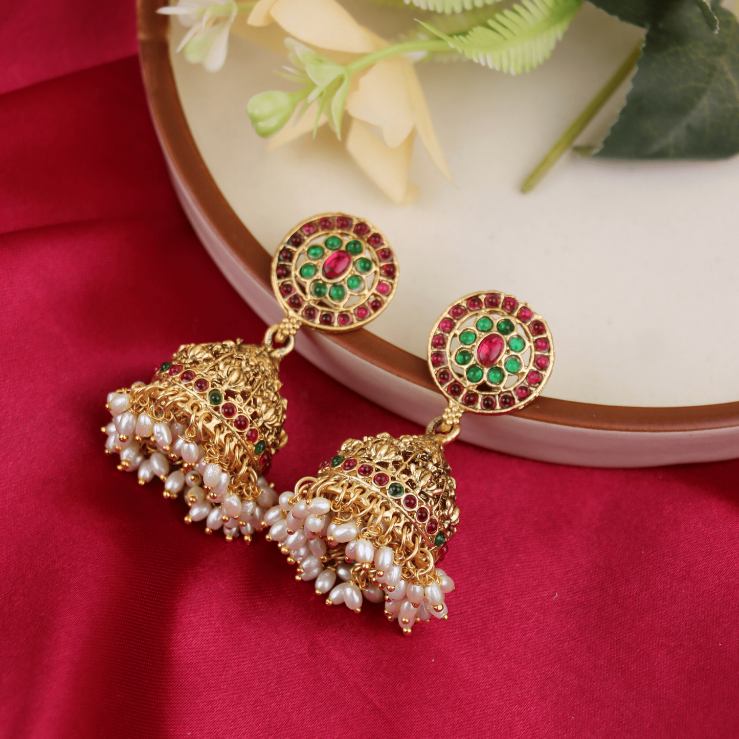 MIDAM™ Pink & Green Beaded Gold Plated Antique Jhumkas