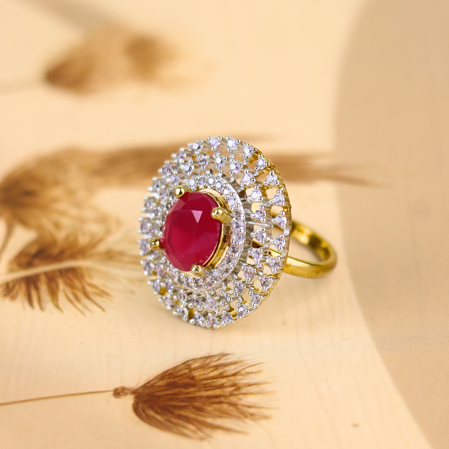 MIDAM™ Gold Toned American Diamond Studded Red Zirconia Finger Ring