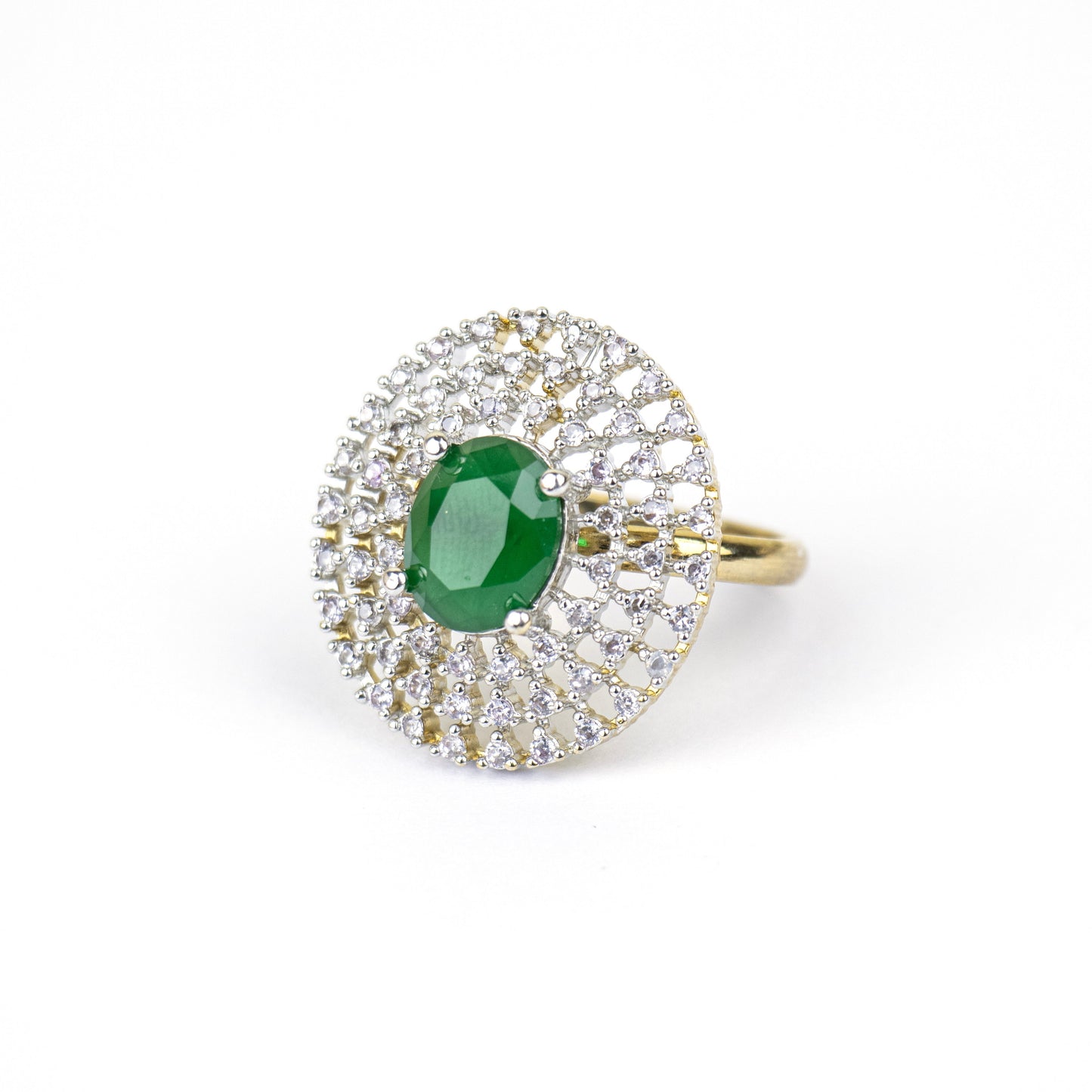 MIDAM™ Gold Toned American Diamond Studded Green Zirconia Finger Ring