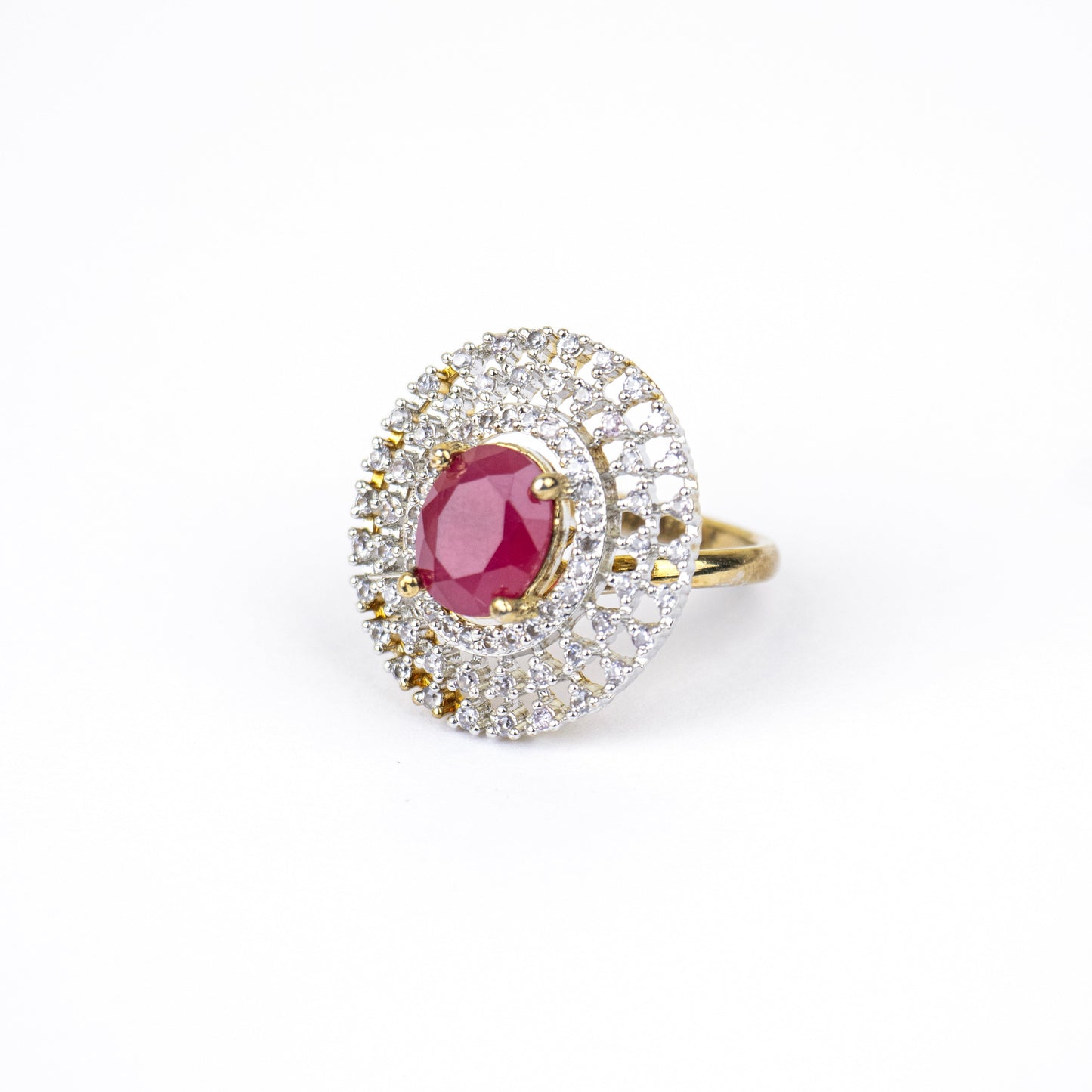 MIDAM™ Gold Toned American Diamond Studded Red Zirconia Finger Ring