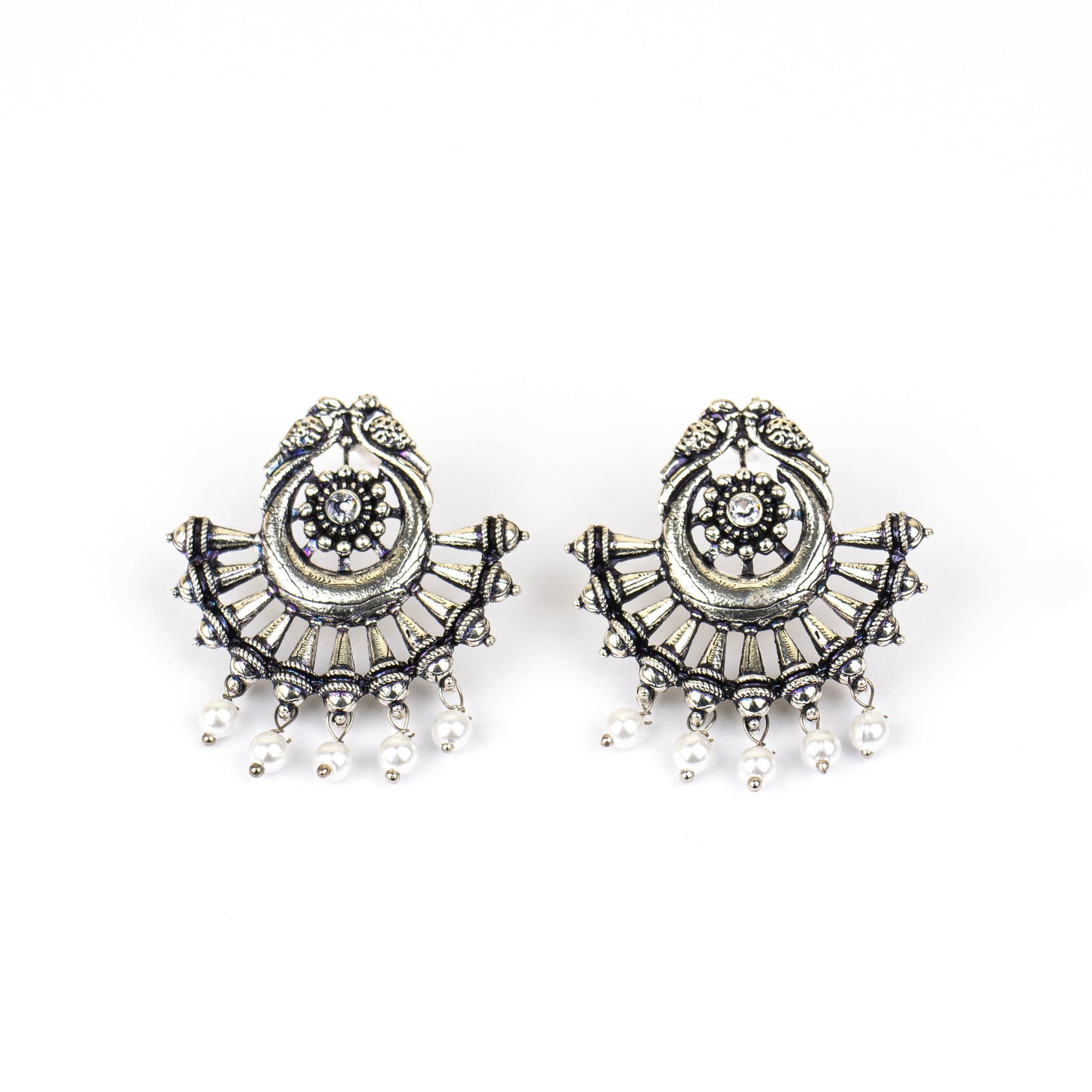 MIDAM™ German Oxidized Silver White Beaded Love Birds Contemporary Stud Earrings