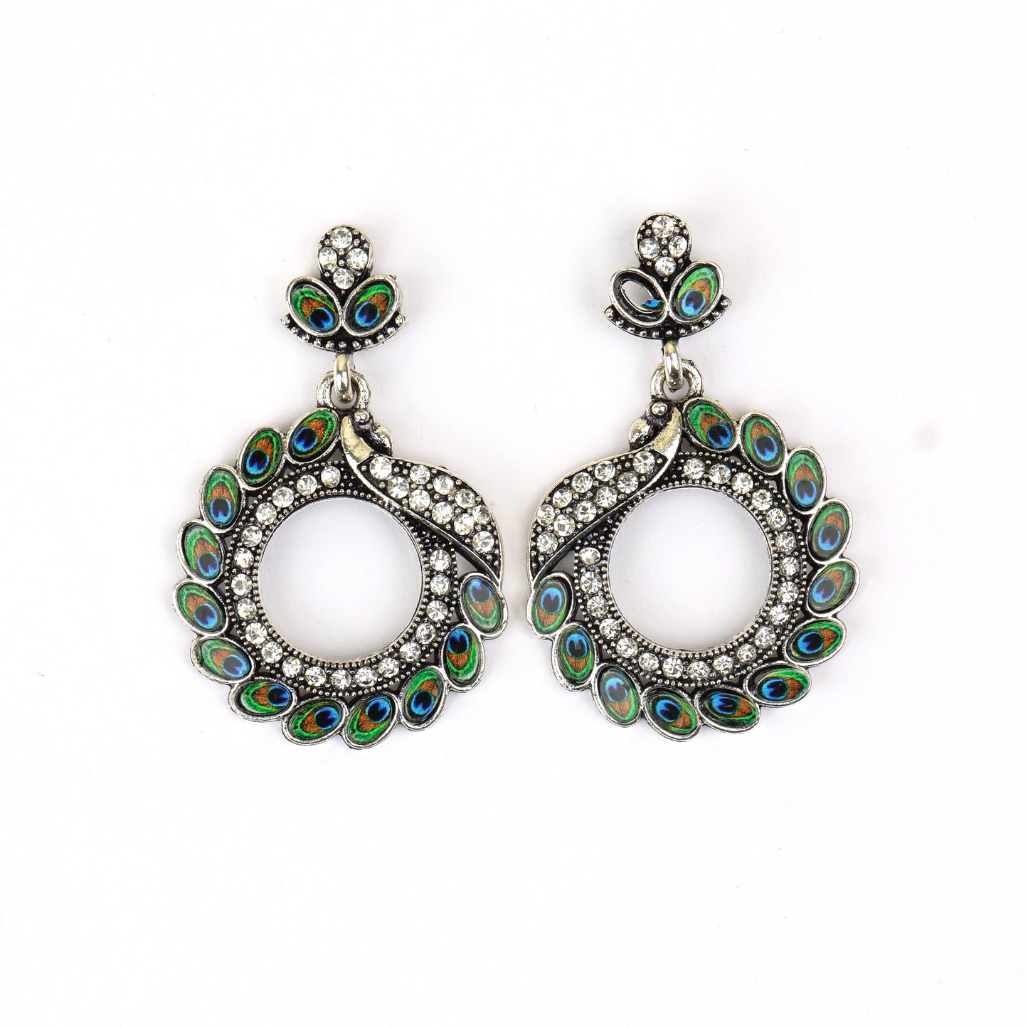 MIDAM™ Silver-toned AD Studded Circular Peacock Shaped Drop Earrings