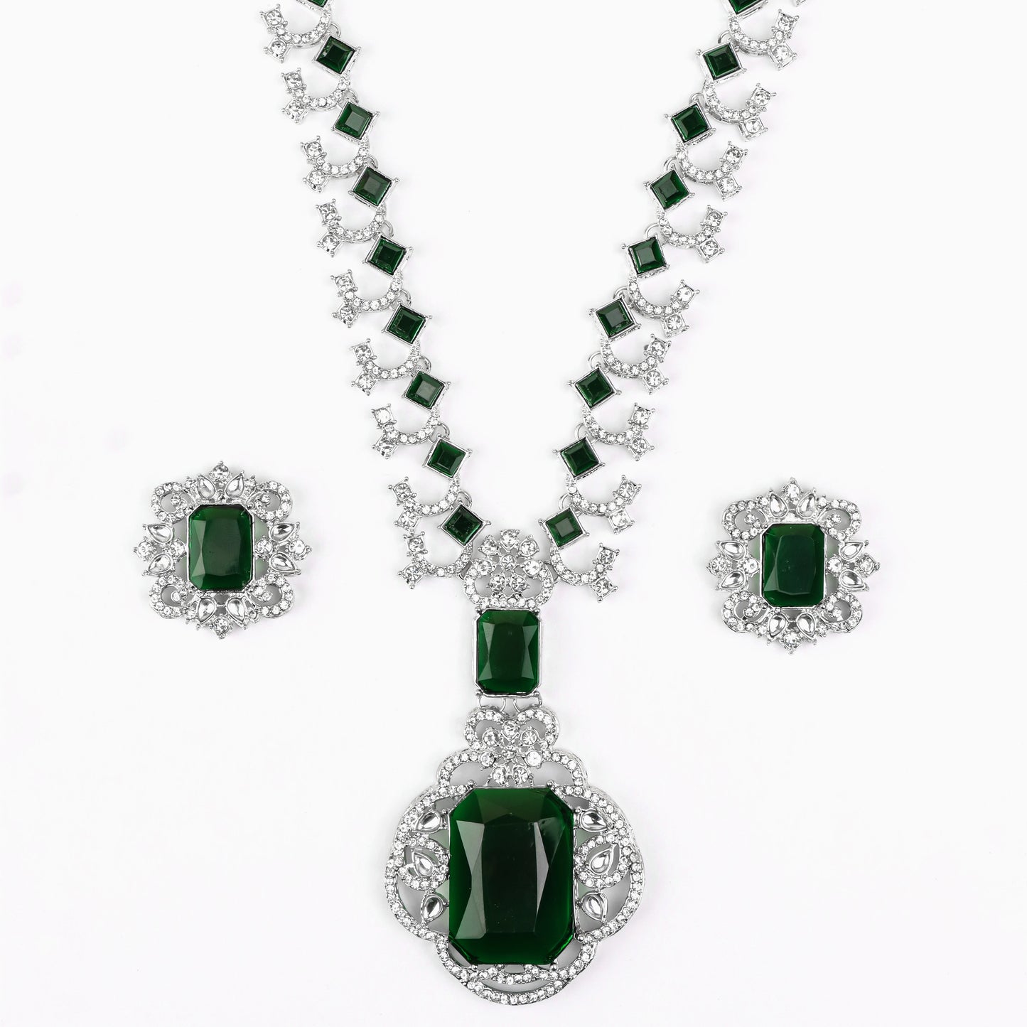 MIDAM™ Silver-Toned American Diamond Studded Green Cubic Zirconia Premium Jewellery Set