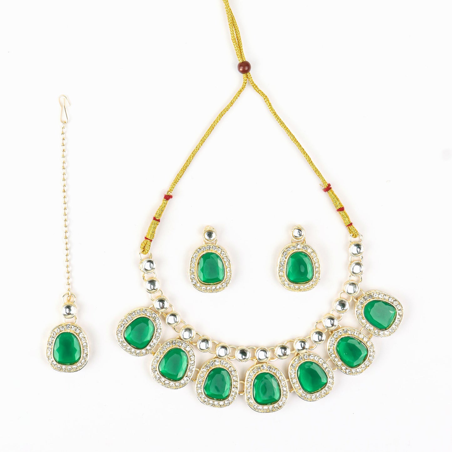 MIDAM™ Gold-Toned American Diamond Studded Green Cubic Zirconia Premium Jewellery Set