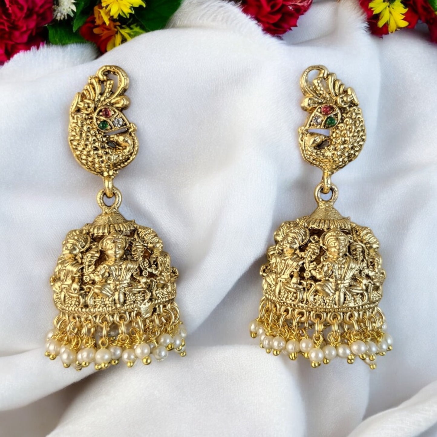 MIDAM™ Gold Plated Peacock Temple Jhumkas