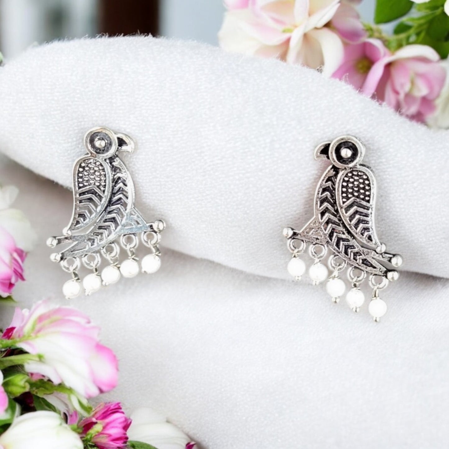 MIDAM™ German Oxidized Silver White Beaded Parrot Studs Earrings