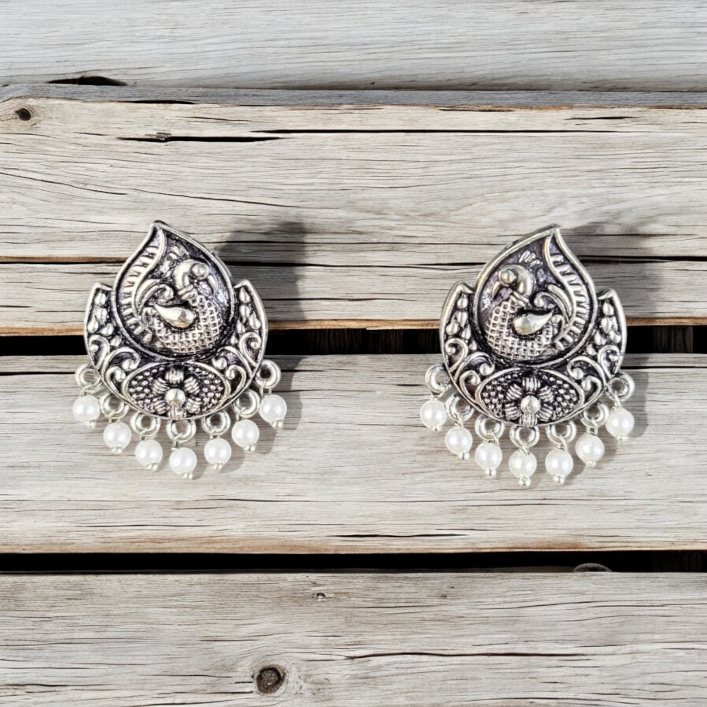 MIDAM™ German Oxidized Silver White Beaded Bird Stud Earrings