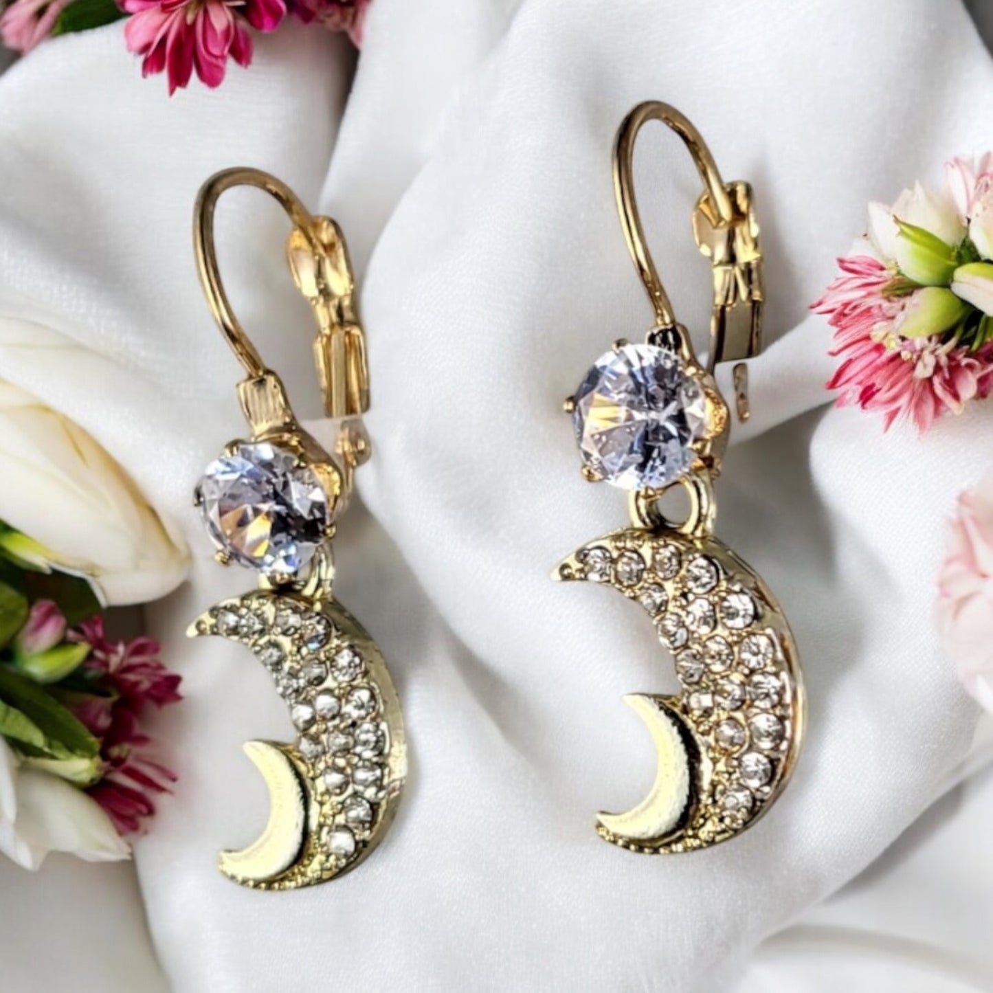 MIDAM™ Gold-Plated Zircon Studded Double Half Moon Classic Drop Earrings