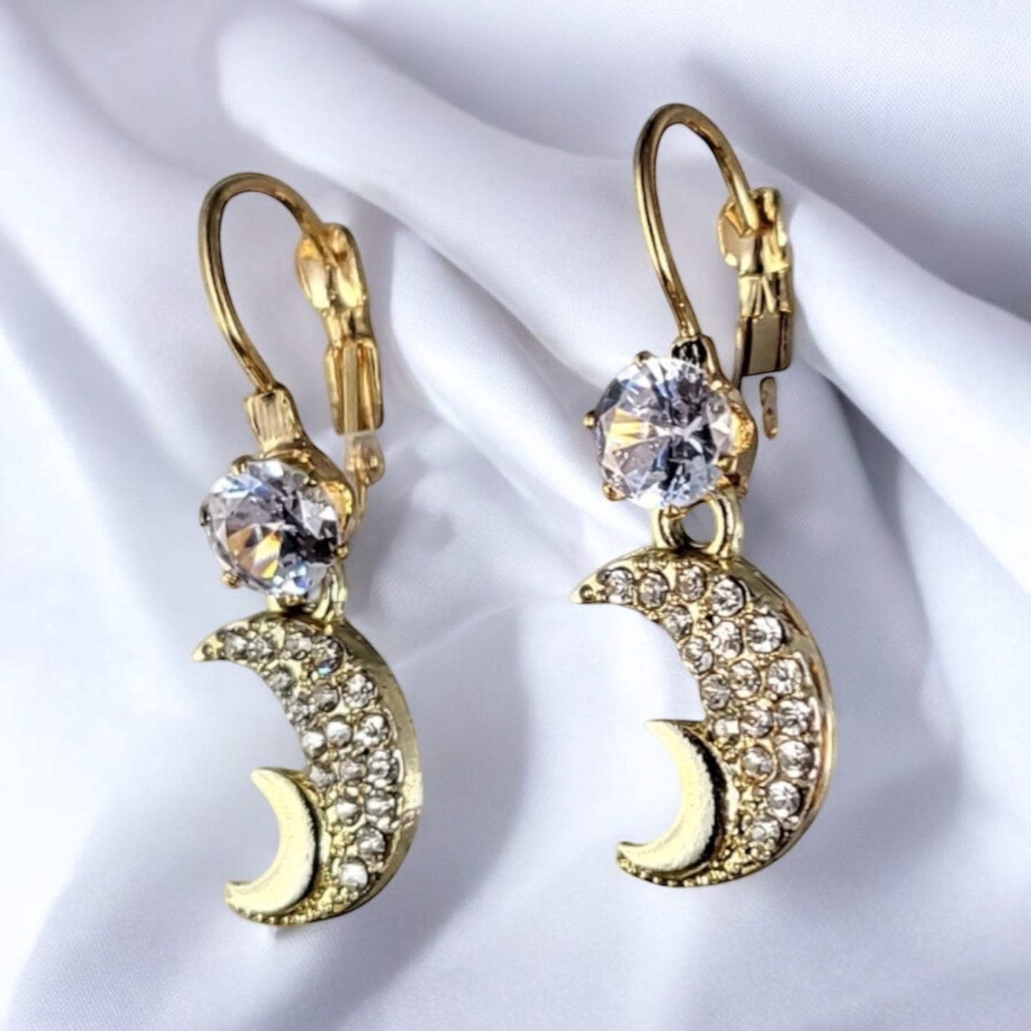 MIDAM™ Gold-Plated Zircon Studded Double Half Moon Classic Drop Earrings