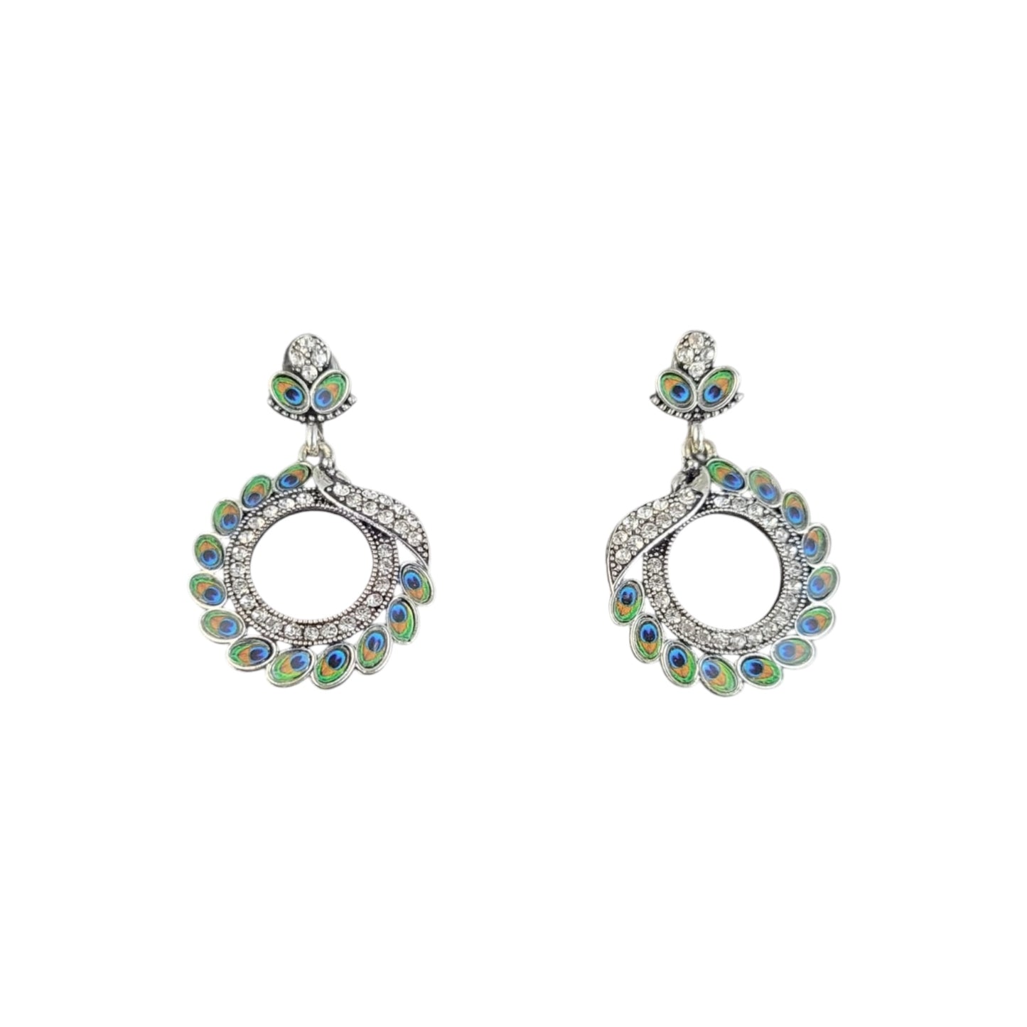 MIDAM™ Silver-toned AD Studded Circular Peacock Shaped Drop Earrings