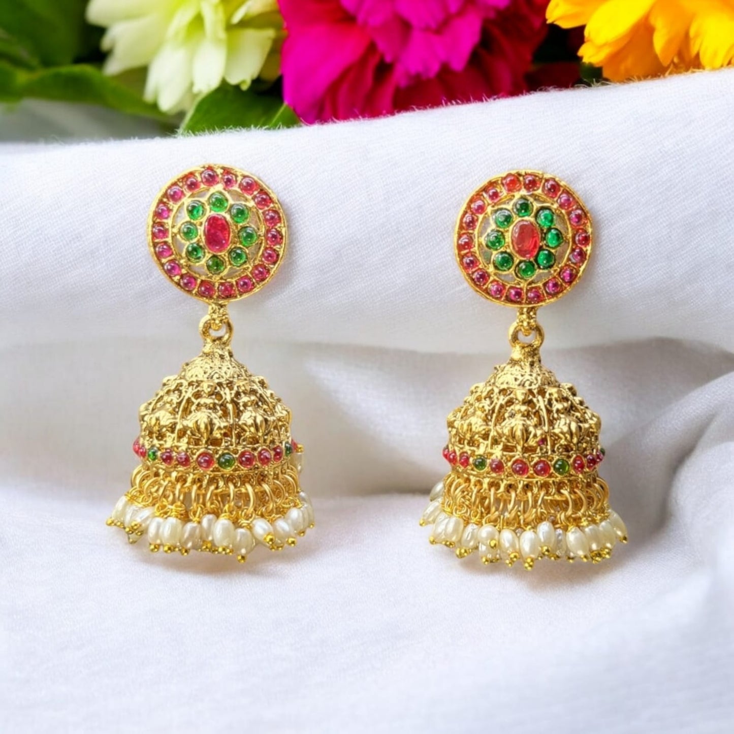 MIDAM™ Pink & Green Beaded Gold Plated Antique Jhumkas
