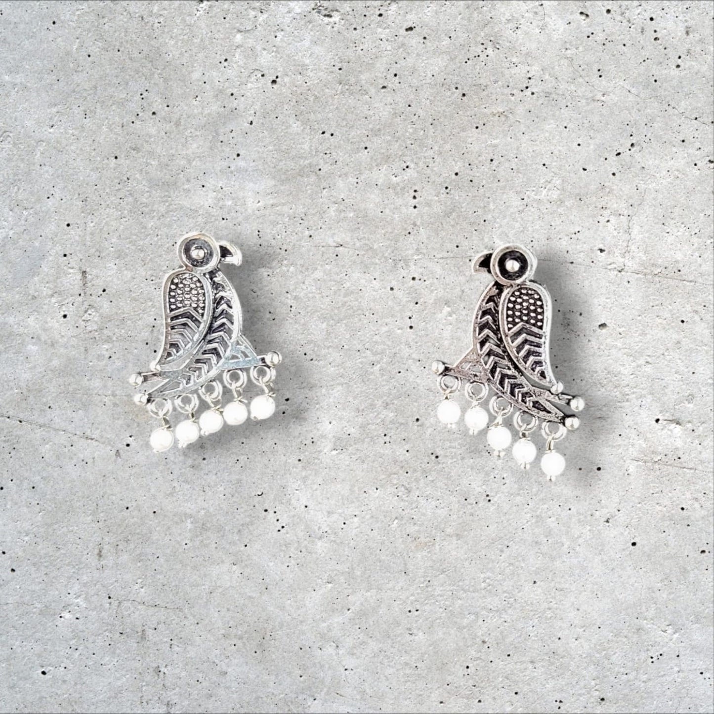 MIDAM™ German Oxidized Silver White Beaded Parrot Studs Earrings