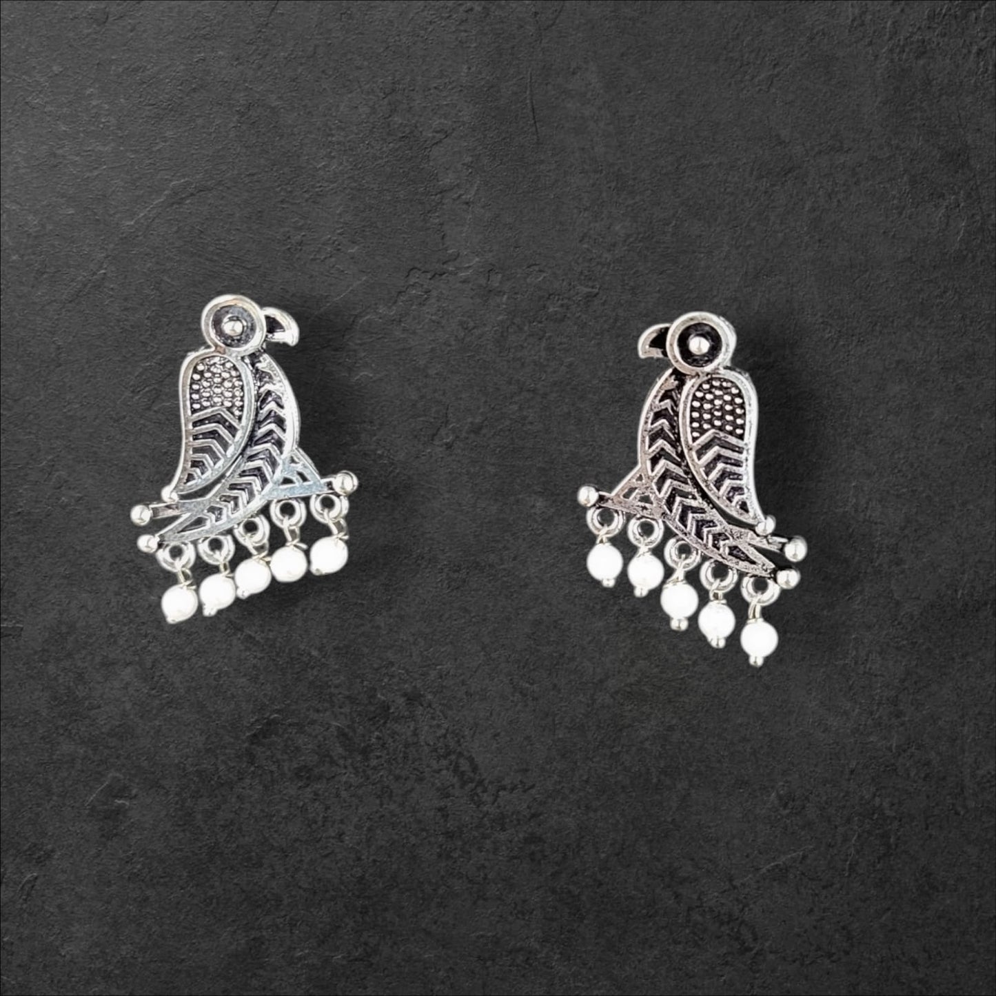 MIDAM™ German Oxidized Silver White Beaded Parrot Studs Earrings