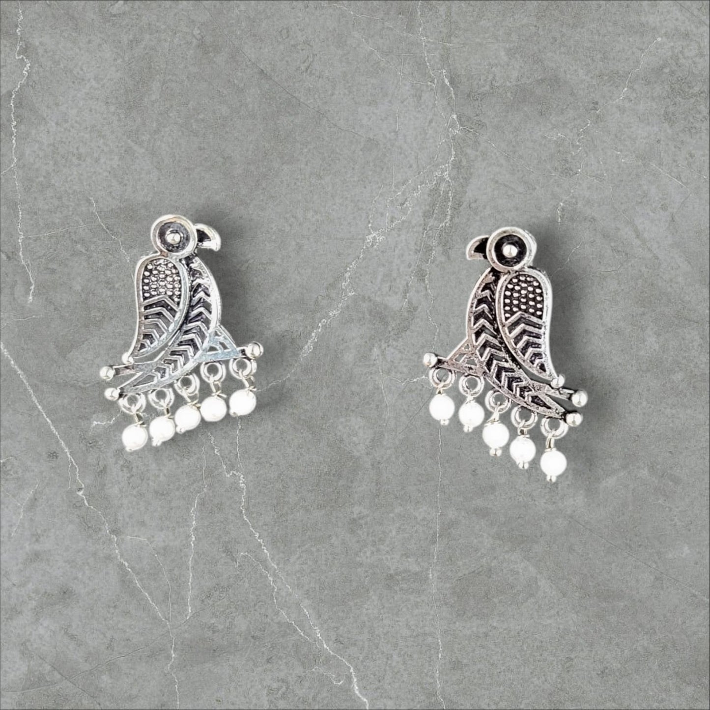 MIDAM™ German Oxidized Silver White Beaded Parrot Studs Earrings