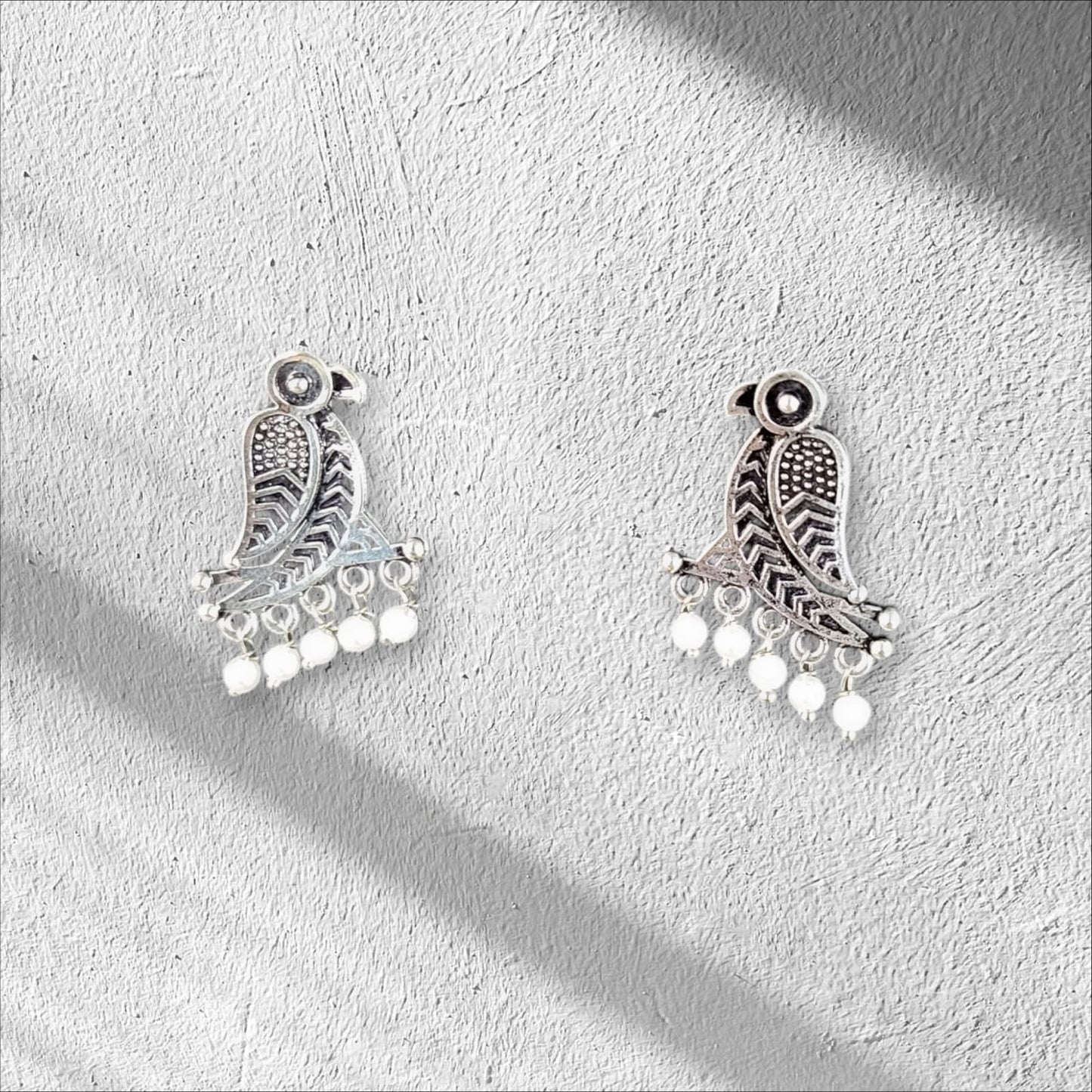 MIDAM™ German Oxidized Silver White Beaded Parrot Studs Earrings