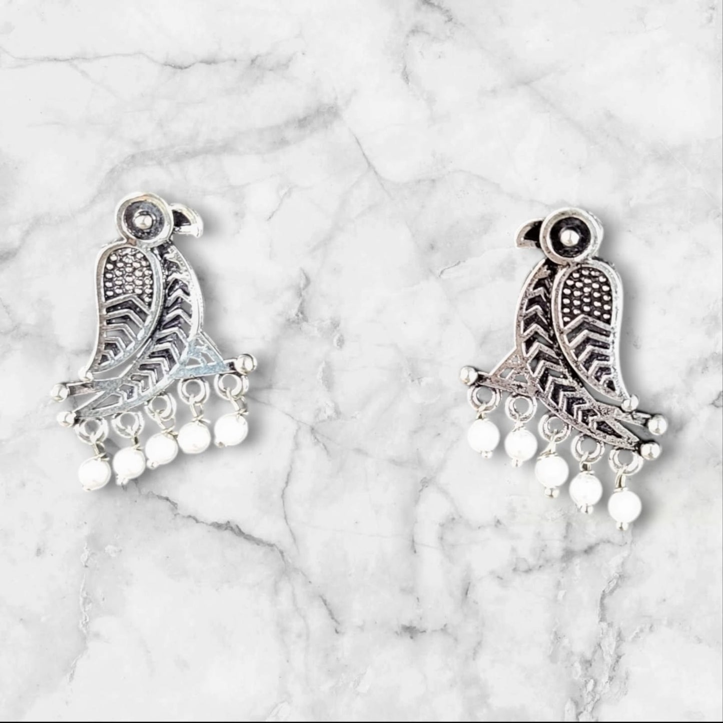 MIDAM™ German Oxidized Silver White Beaded Parrot Studs Earrings