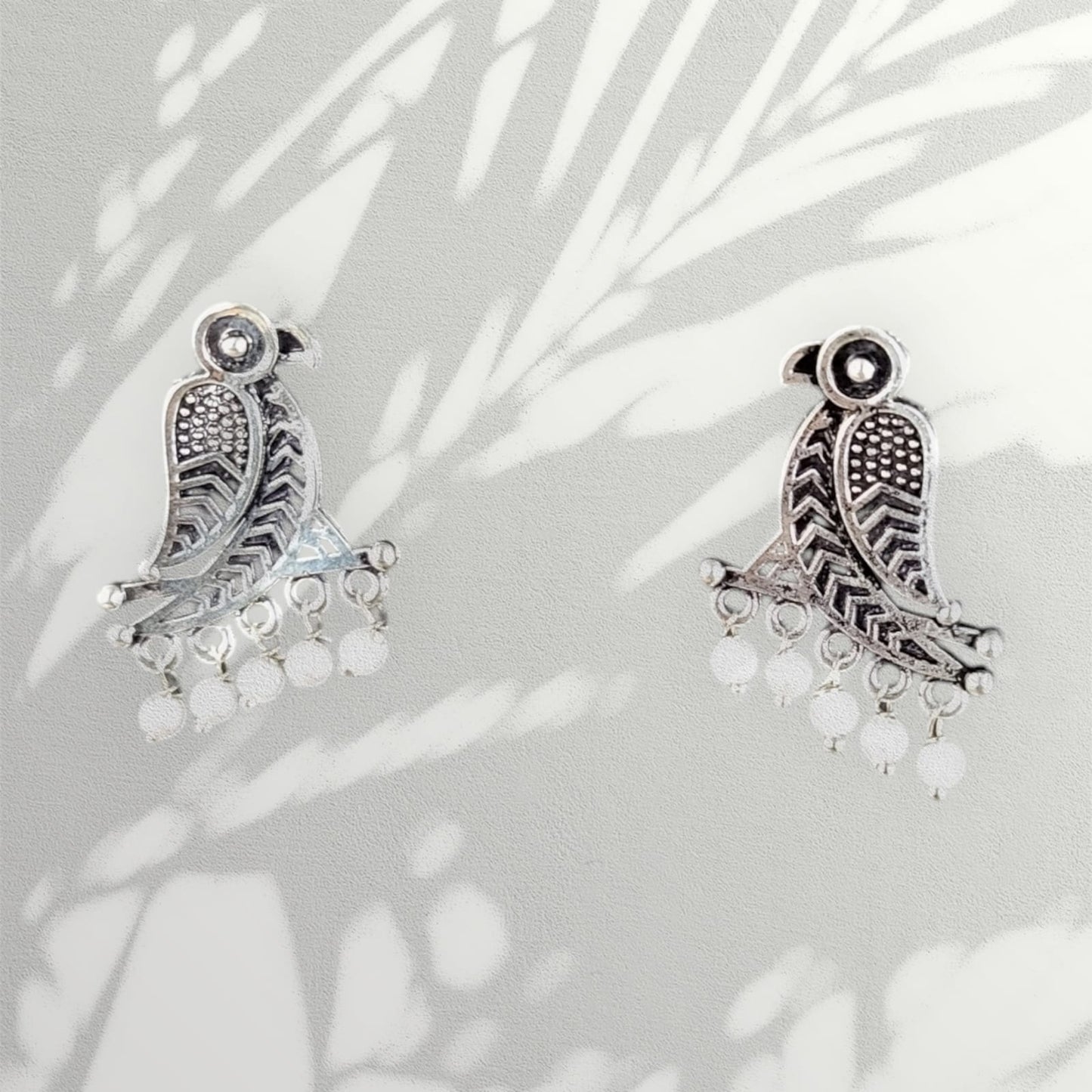 MIDAM™ German Oxidized Silver White Beaded Parrot Studs Earrings