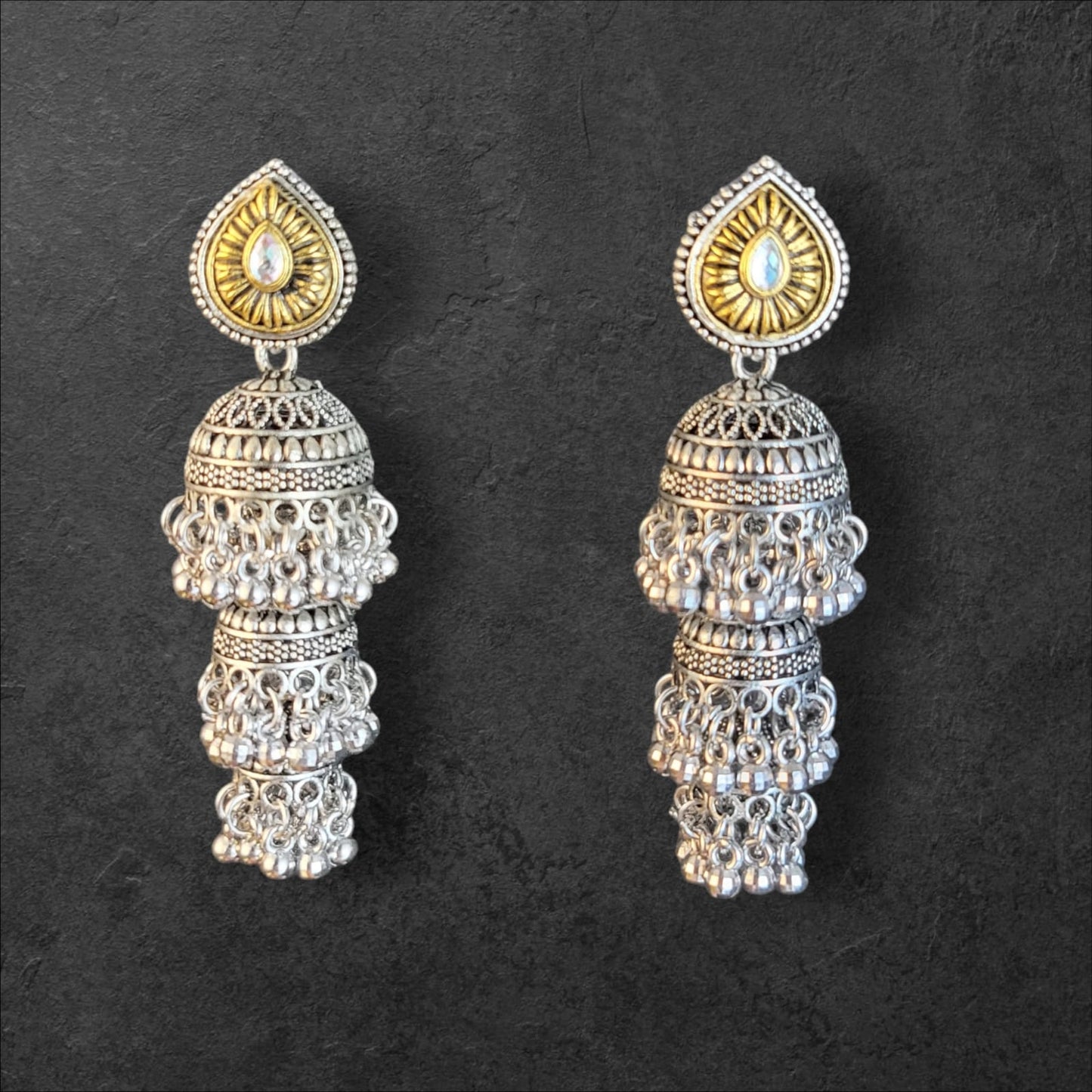 MIDAM™ Silver and Gold Plated 3 Layered Jhumka Earrings
