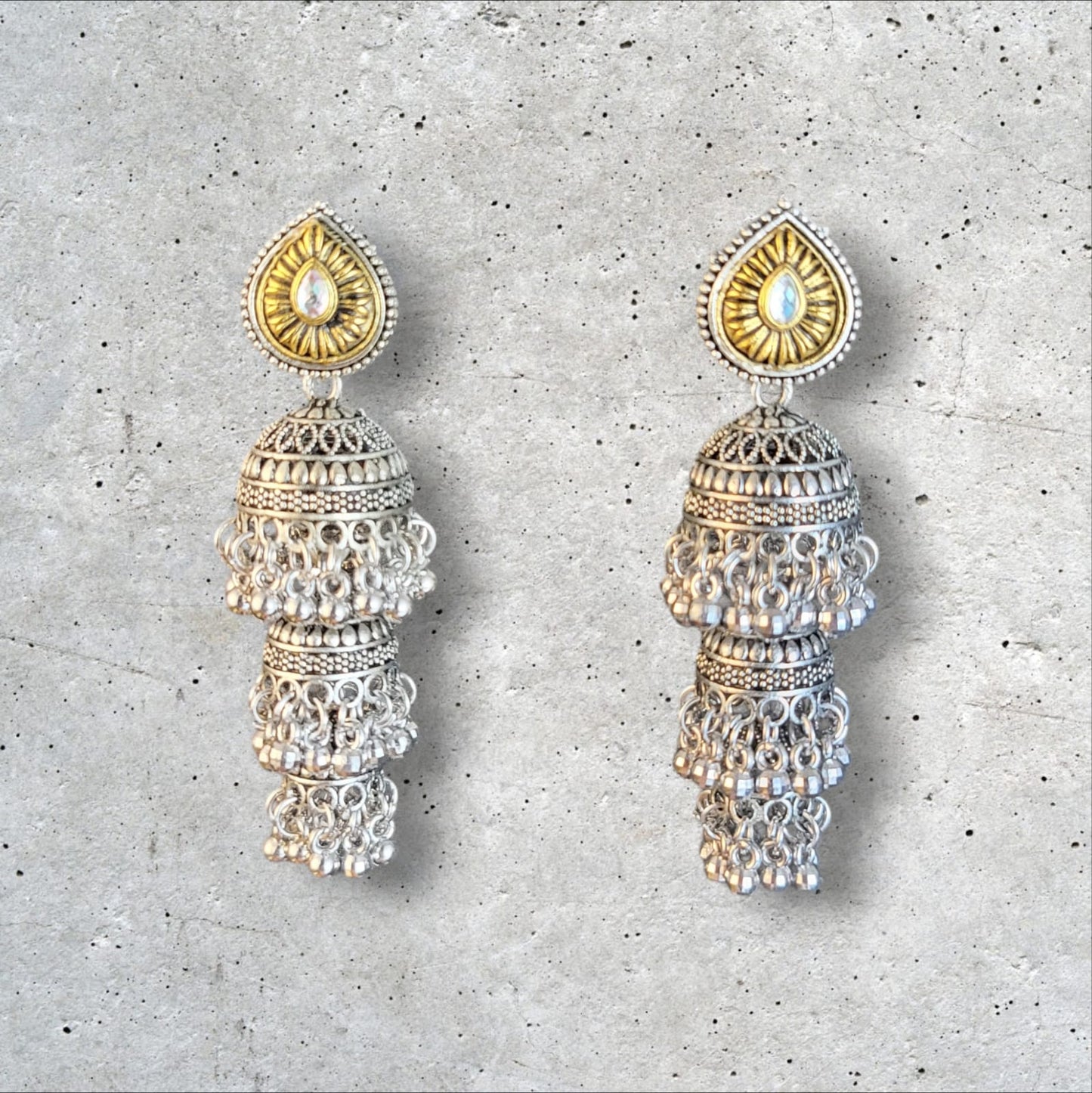 MIDAM™ Silver and Gold Plated 3 Layered Jhumka Earrings