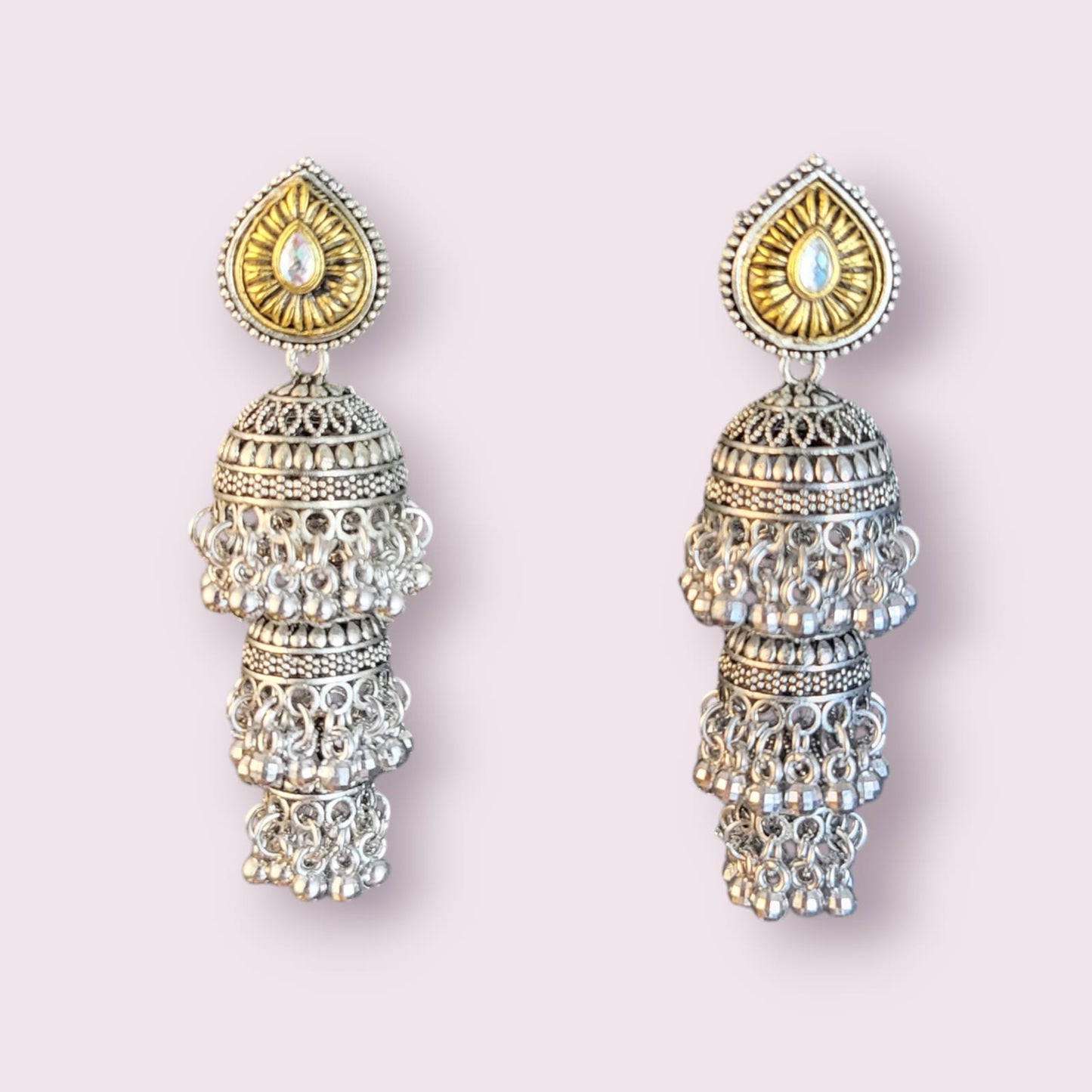 MIDAM™ Silver and Gold Plated 3 Layered Jhumka Earrings