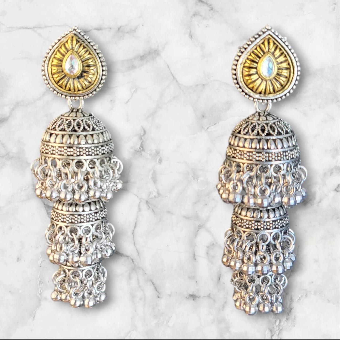 MIDAM™ Silver and Gold Plated 3 Layered Jhumka Earrings