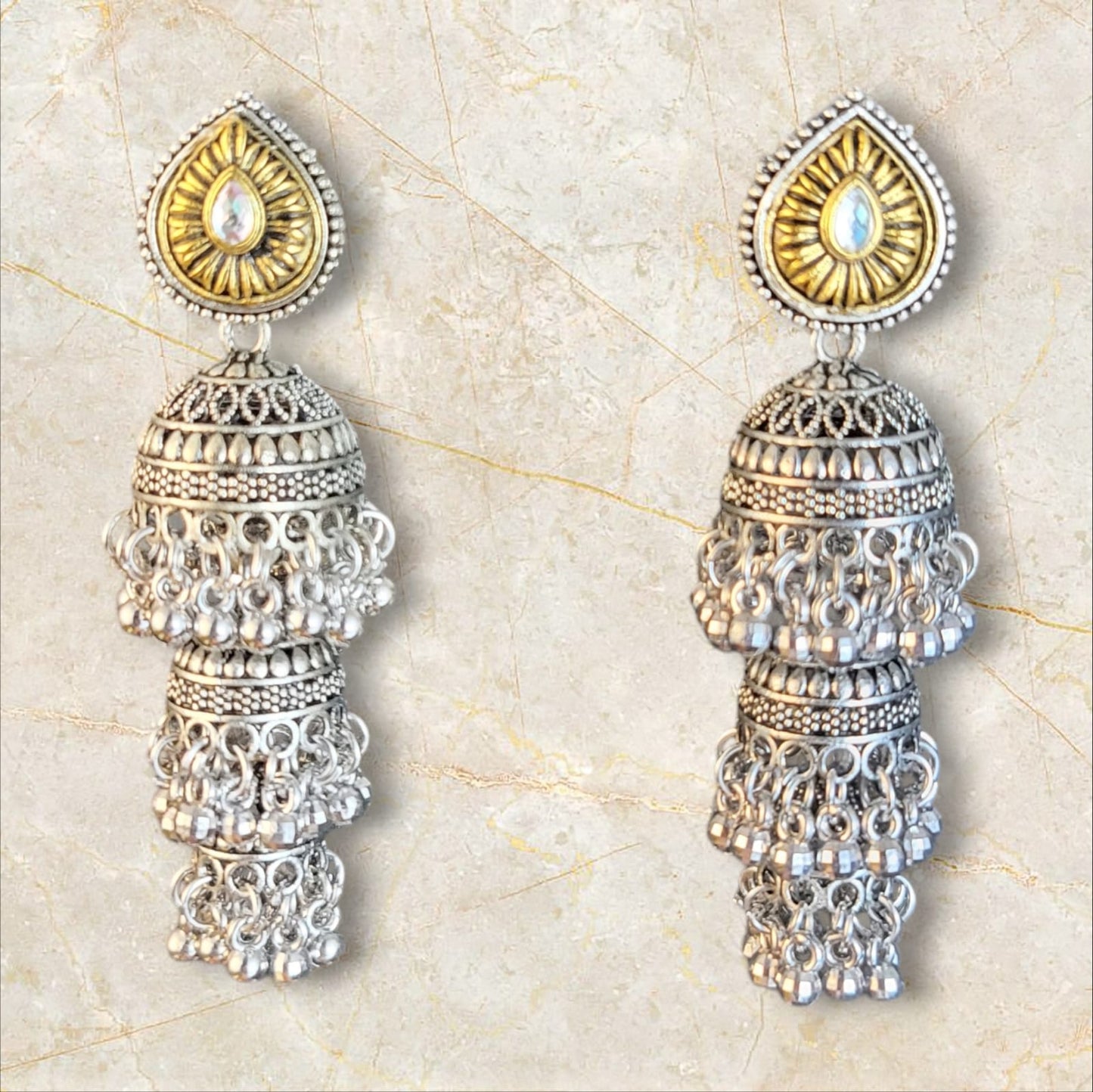 MIDAM™ Silver and Gold Plated 3 Layered Jhumka Earrings