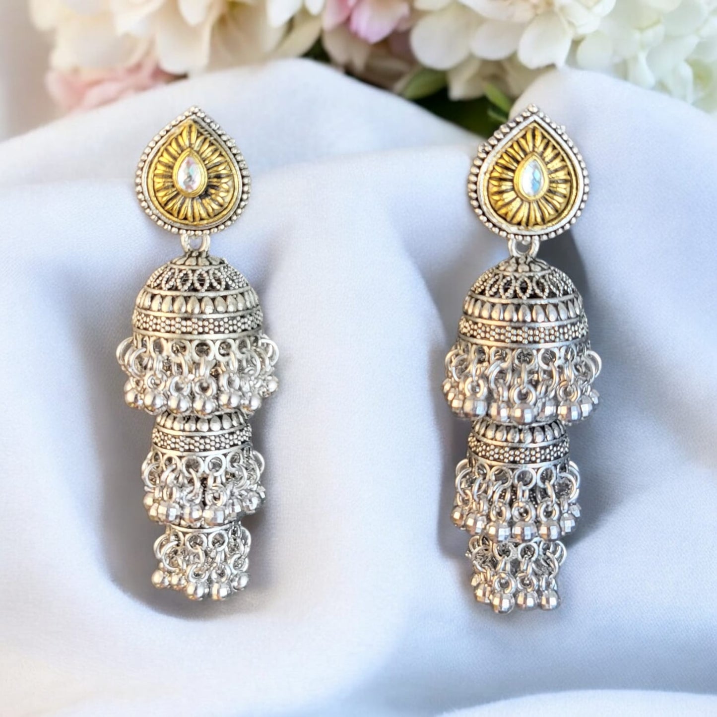MIDAM™ Silver and Gold Plated 3 Layered Jhumka Earrings