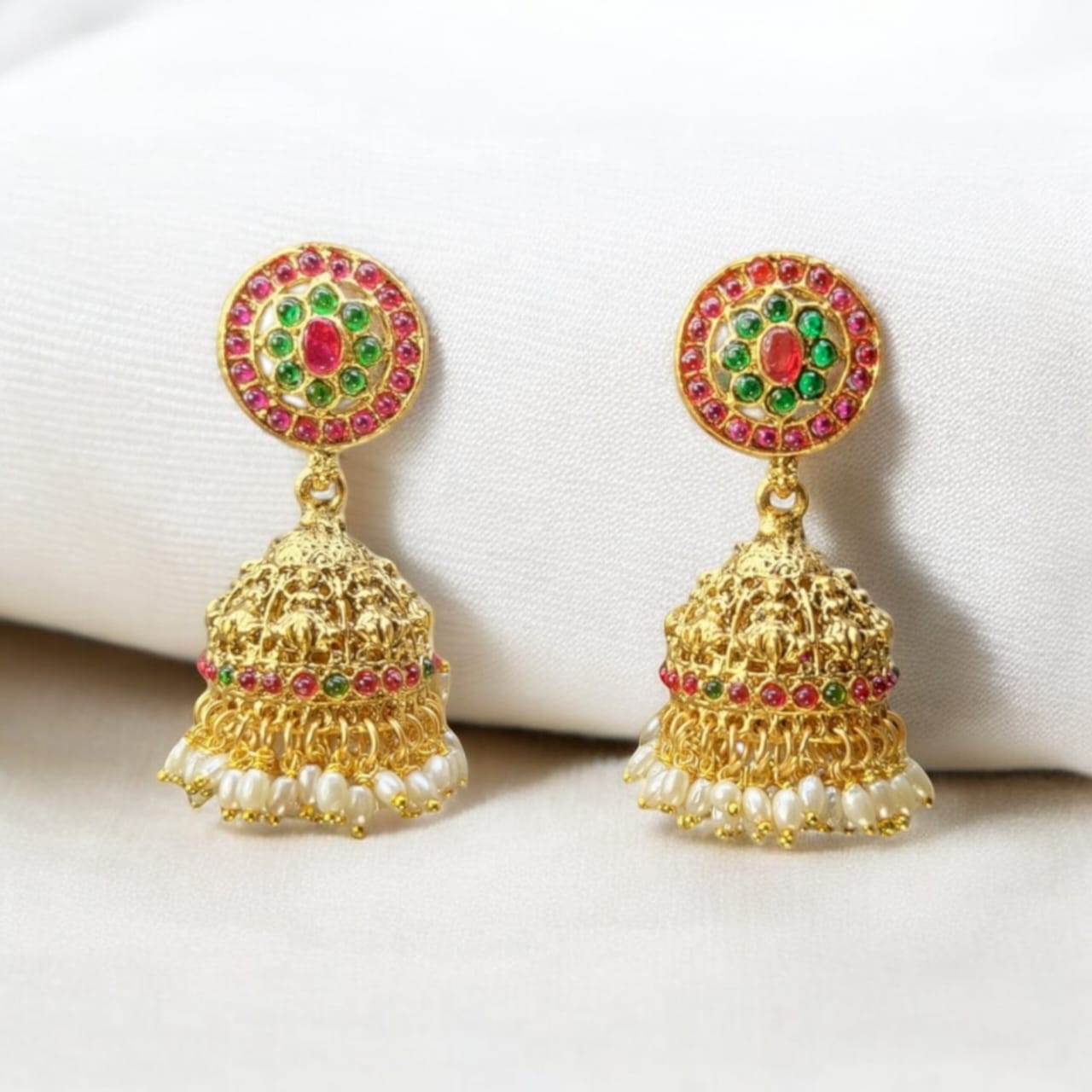 MIDAM™ Pink & Green Beaded Gold Plated Antique Jhumkas