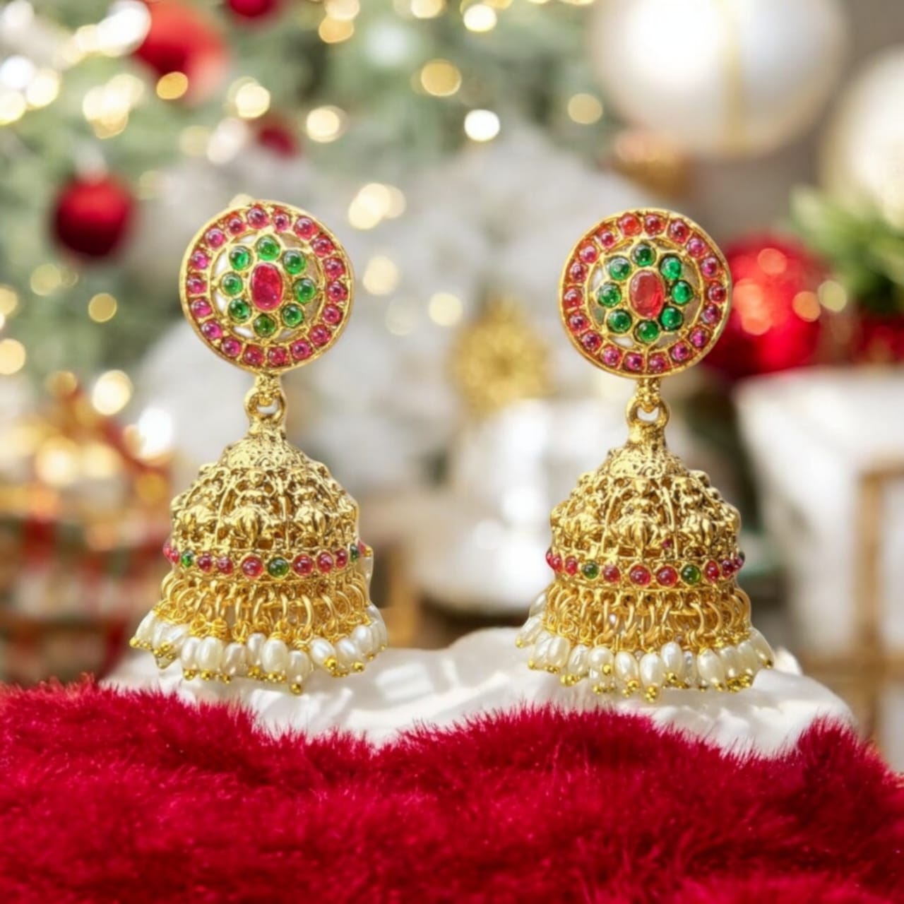 MIDAM™ Pink & Green Beaded Gold Plated Antique Jhumkas