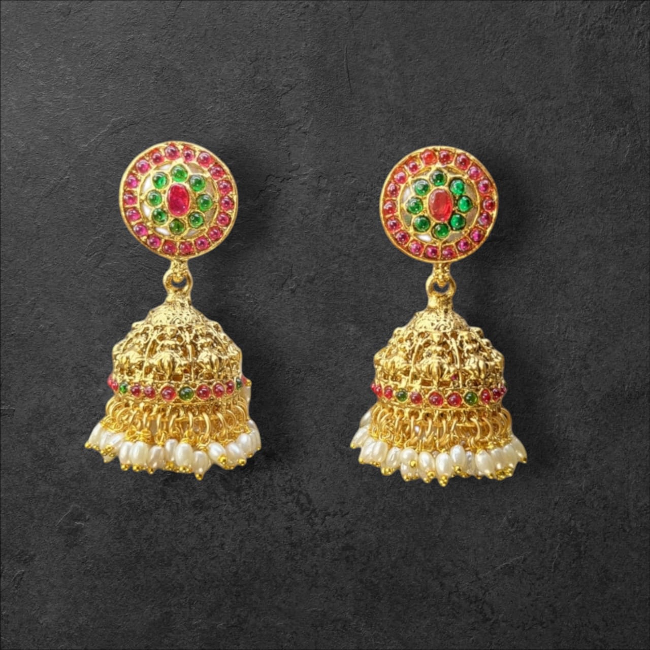 MIDAM™ Pink & Green Beaded Gold Plated Antique Jhumkas